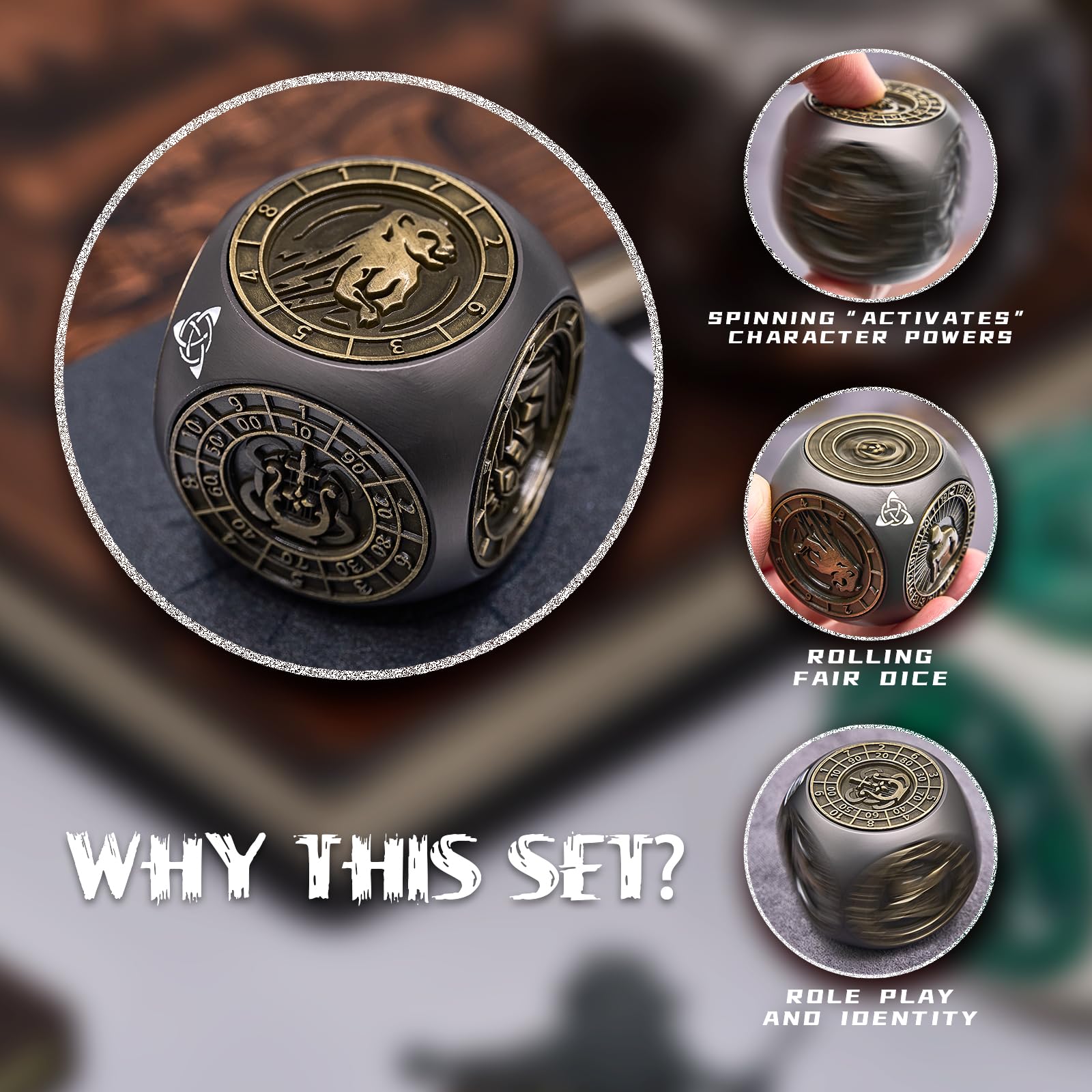 Dé Rotatif DND 7 en 1 en Métal, Dé 6 Faces pour Jeu de Rôle Donjon et Dragon, D4 D6 D8 D10 D12 D20 D00, Dé Spinner RPG avec Coffret Cadeau (Noir Bronze Mat)