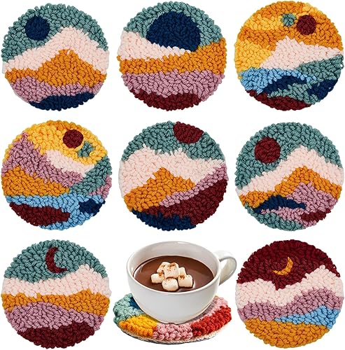 Preboun Kit de 8 posavasos con aguja perforadora, kit de bordado de aguja perforadora para adultos principiantes, juego de agujas de punzón,