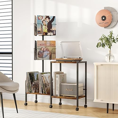Miniatura 7 de Soporte para tocadiscos, almacenamiento de discos de vinilo giratorio, mesa de tocadiscos con almacenamiento de vinilo, soporte para discos de