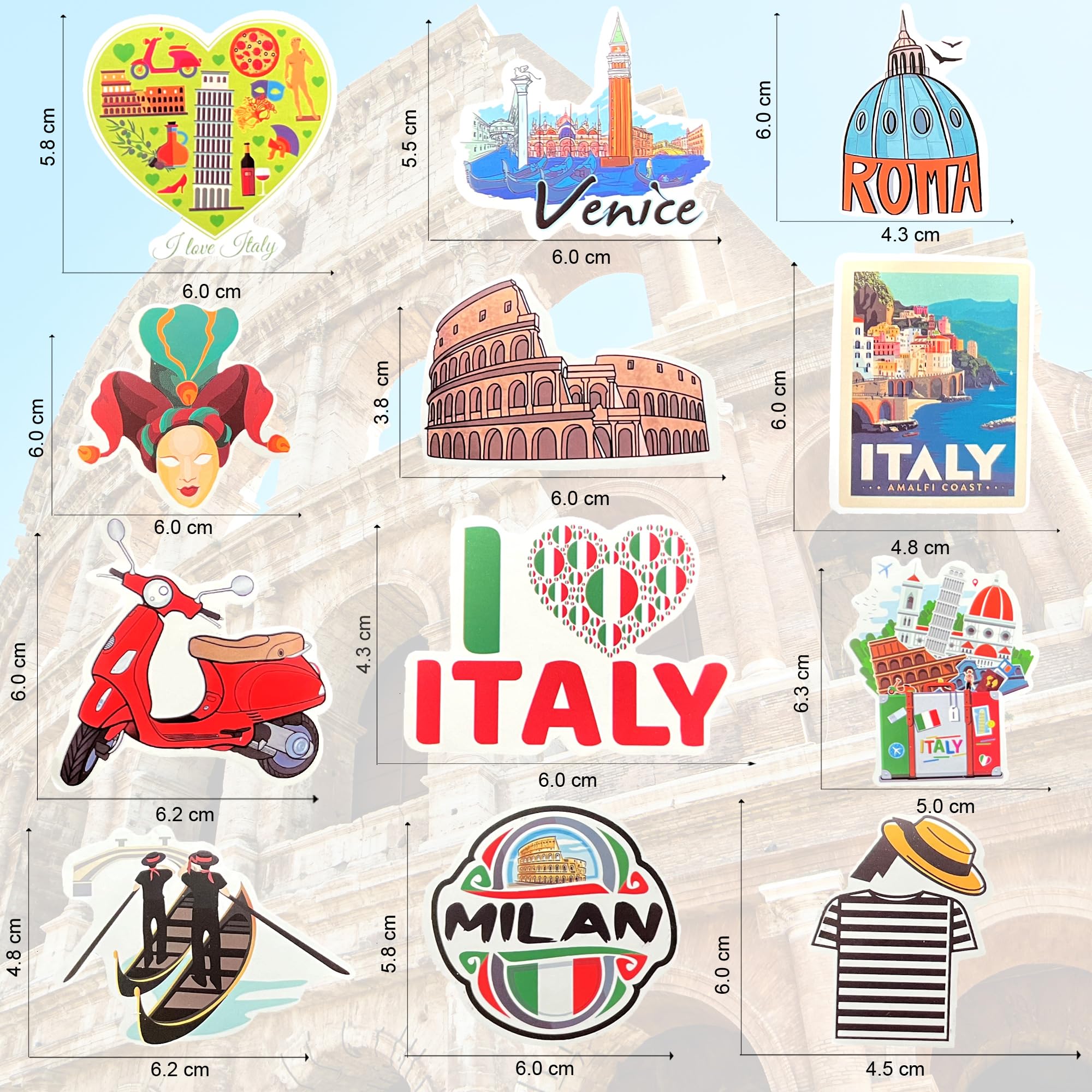 2 Adesivi In Vinile Autoadesivi 10 Cm - Motivo Italia Roma Colosseo - Per Laptop, Valigia, Auto, IPad - 6408 - 3