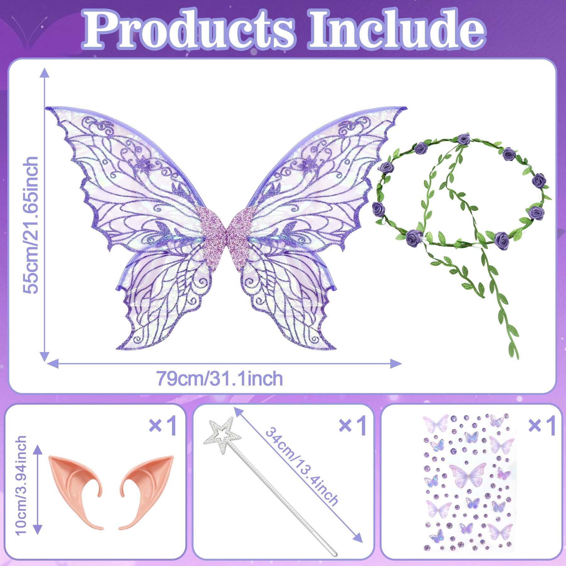 YeahBoom Children's fairy wings, butterfly wings with elf ears, fairy headband and star fairy wands, butterfly wings - Image 2