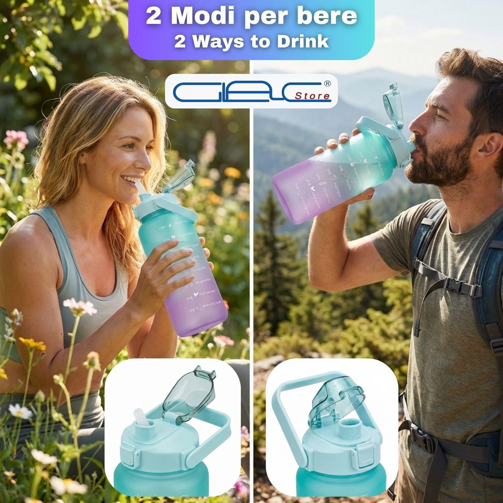 Motivierende Trinkflasche 2 l mit Strohhalm und Zeitskala, auslaufsichere Sportflasche mit Tragegriff, 33 x 11 cm, 217 g (Violett und Blau)