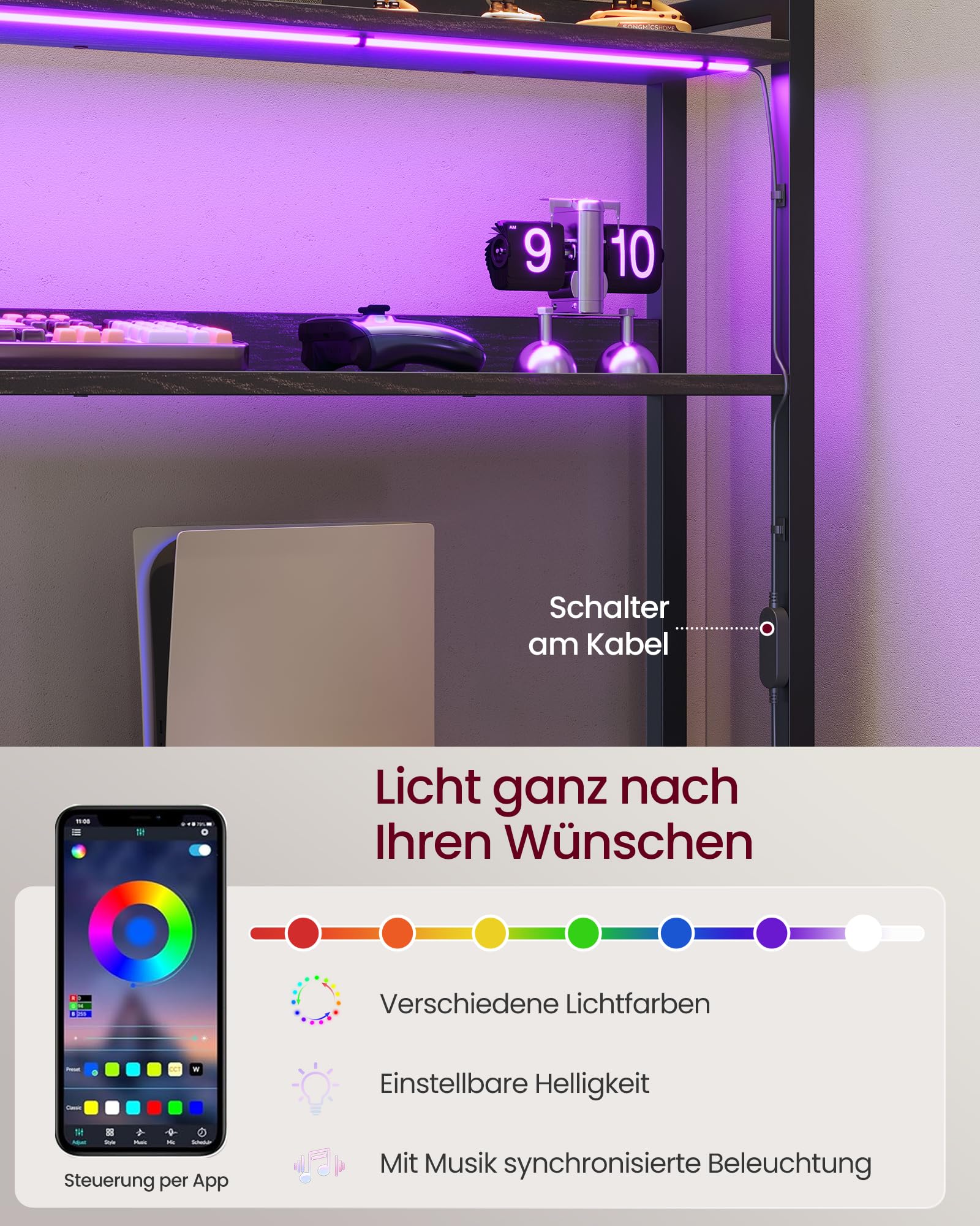 VASAGLE L-Form Schreibtisch, Eckschreibtisch mit Steckdosen und LED-Beleuchtung, Computertisch mit 3 Schubladen und Monitorständer, 140 x 100 x 150 cm, Schwarz, LWD162B101