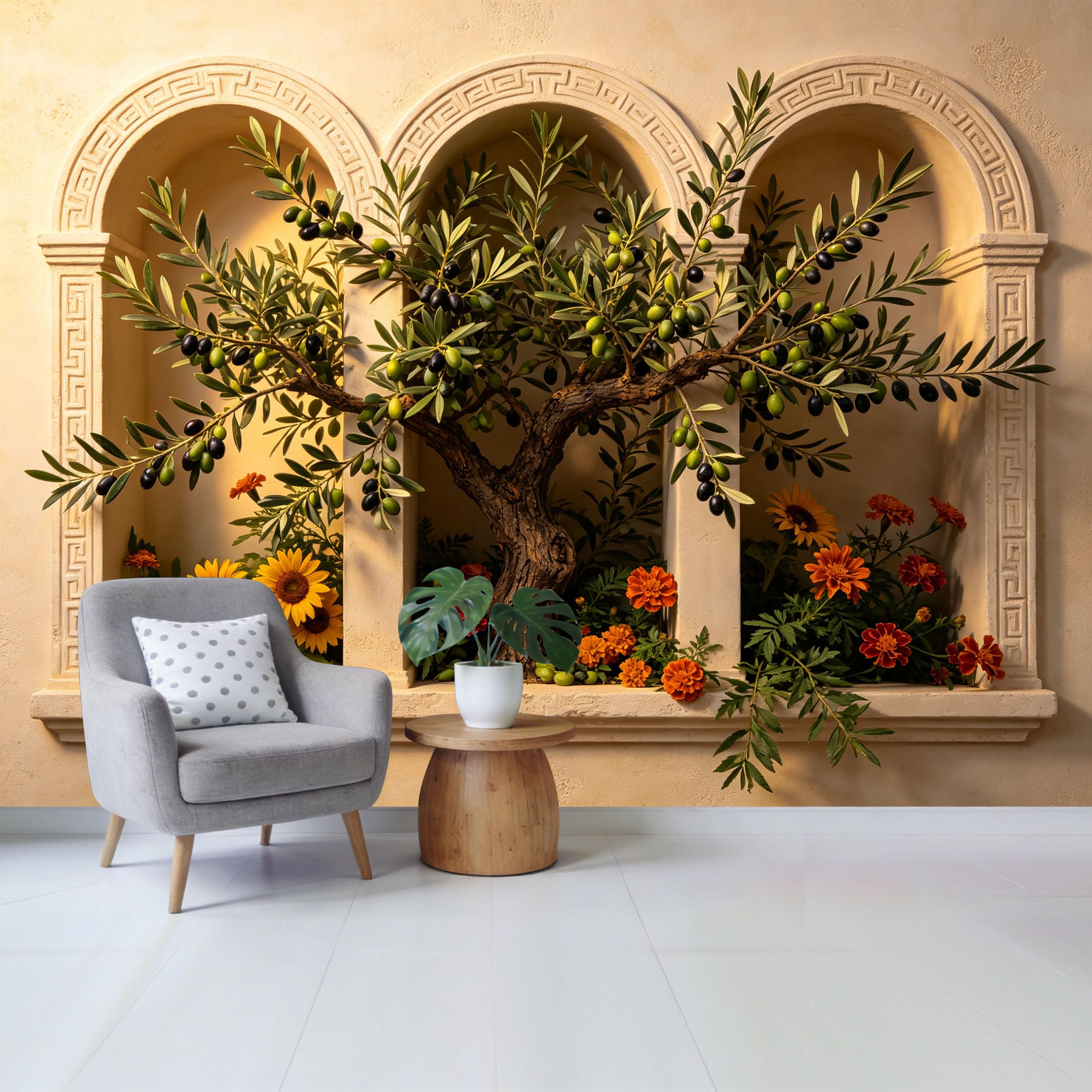 Custom Size Wall Mural Mediterranean Olive Tree and Sunflowers Botanical 3D Trompe l’oeil Window Scene Removable Self Adhesive Fabric， Home Wall Decor for Living Room Bedroom Bathroom
