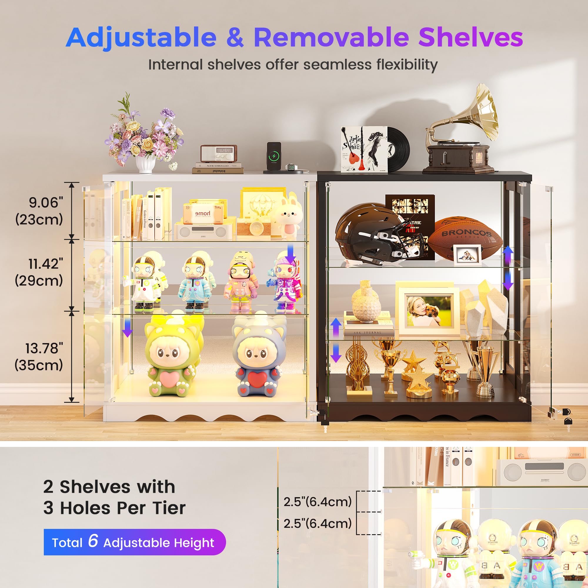 TAGELIER Glasvitrine Stehend mit LED Beleuchtung – Klein Vitrinenschrank mit Schloss und verstellbaren Regalen Sammlervitrine, 3-stufige Abschließbar Vitrine, Weiß