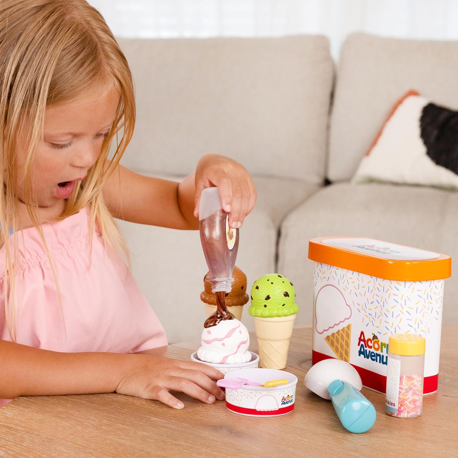 Play Food Sets for Kids Kitchen Toys, Sweet Scoops Ice Cream Playset, Pretend Dessert Set with Cones, Cups, Scooper, Toppings & Container, Toy Food for Kids & Dolls