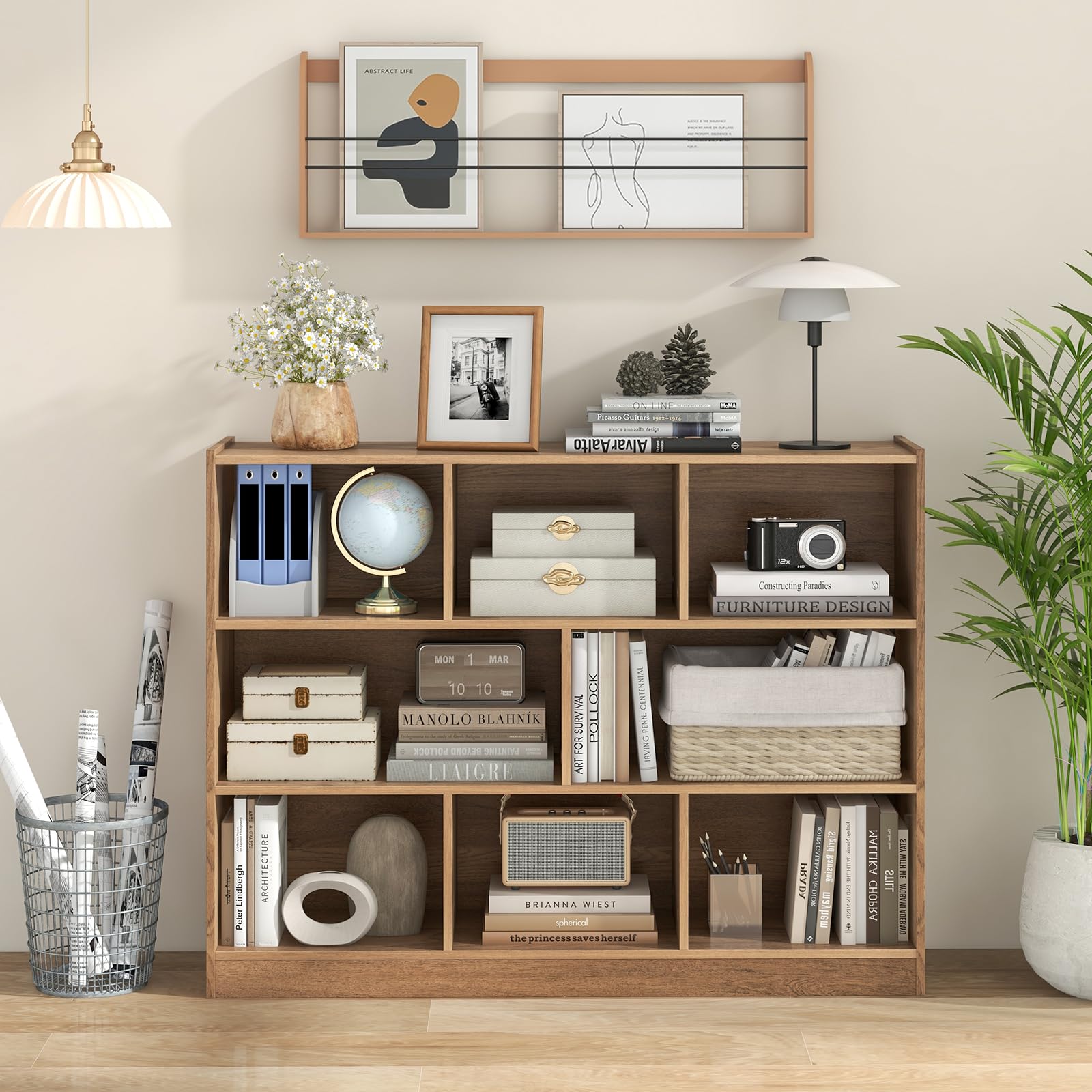 GYMAX Libreria a Cubi in Legno, Scaffale Aperto a 3 Livelli con 8 Cubi, Libreria Scaffale Espositore per Soggiorno, Camera da Letto, Cameretta, Angolo di Lettura, 122 x 32 x 93 cm (Naturale)