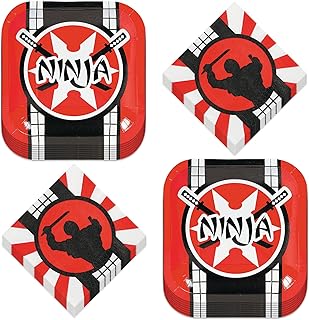 Ninja Warrior Party Square Paper Dessert Plates and Beverage Napkins (Serves 16)