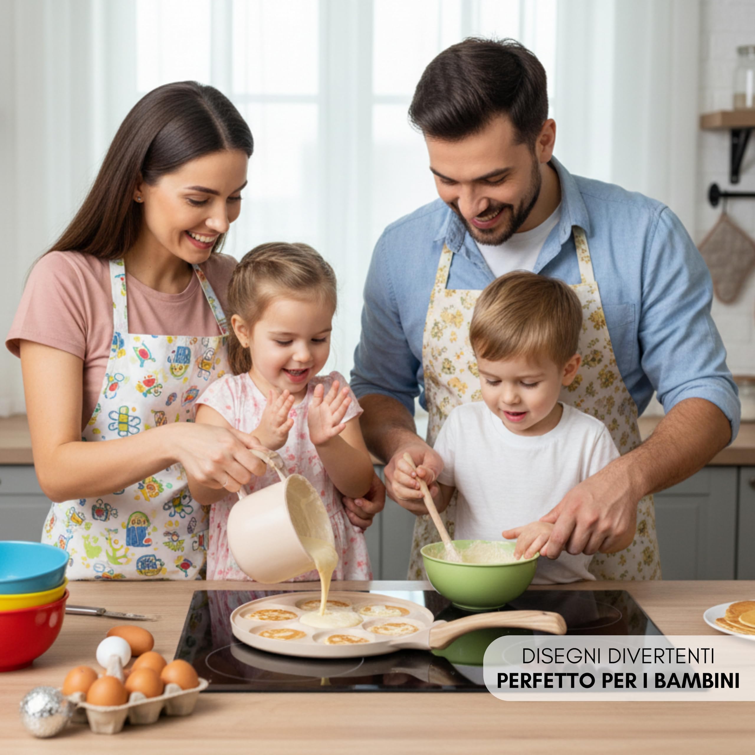 Erreke Padella per Pancake, Crepiera, Tutti i Piani Cottura e Induzione, Doppio Rivestimento Antiaderente, Design Faccine, Manico Soft-Touch, 7 Pancake o Crepe, 26 cm Colore Rosa