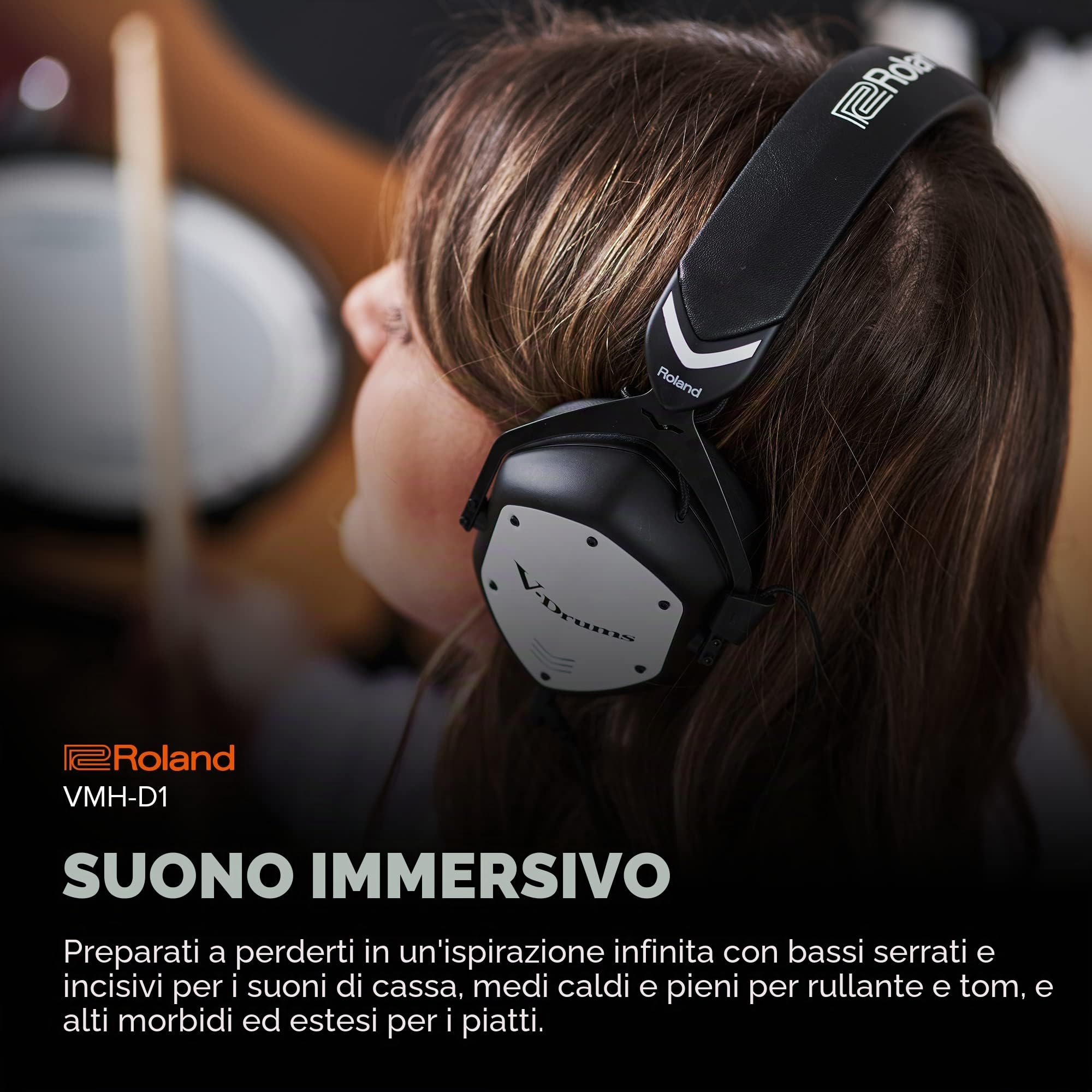 Roland VMH-D1 Cuffie per V-Drums | Progettate da Roland & V-Moda per le V-Drums & Tutte le Batterie Elettroniche | Suono Immersivo | Massimo Comfort | Cavo Lungo Per Suonare Senza Intoppi