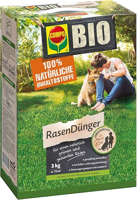 COMPO COMPO BIO Rasendünger, Naturdünger für Rasen, Natürliche Sofort- und Langzeitwirkung, Feingranulat, 3 kg, 75 m² — Saat & Dünger