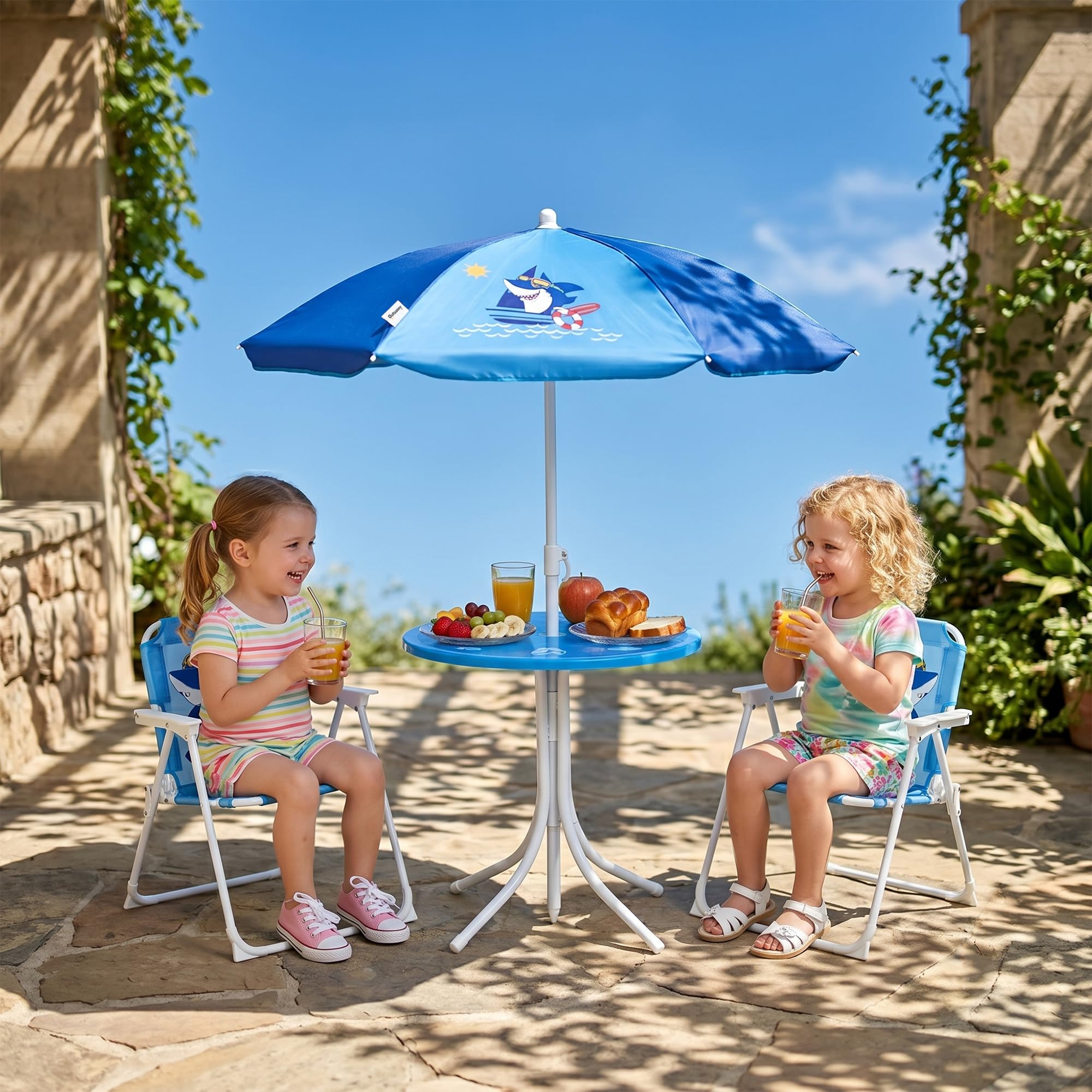 Outsunny Tavolo e Sedie per Bambini da Giardino con Ombrellone Regolabile, Set 4 Pezzi, Blu