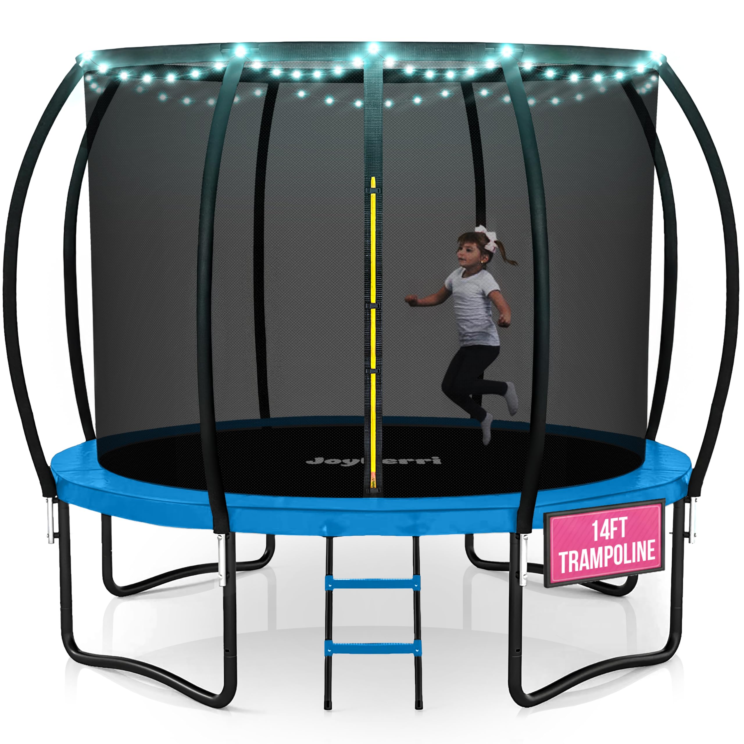 JoyBerri Outdoor Trampoline – with LED Lights, Net, Ladder, ASTM Certified | 8Ft 10Ft 12Ft 14Ft 15Ft 16Ft, 450lb capacity, kids & adults, anti-rust steel, net + ladder + stakes, 5-year protection
