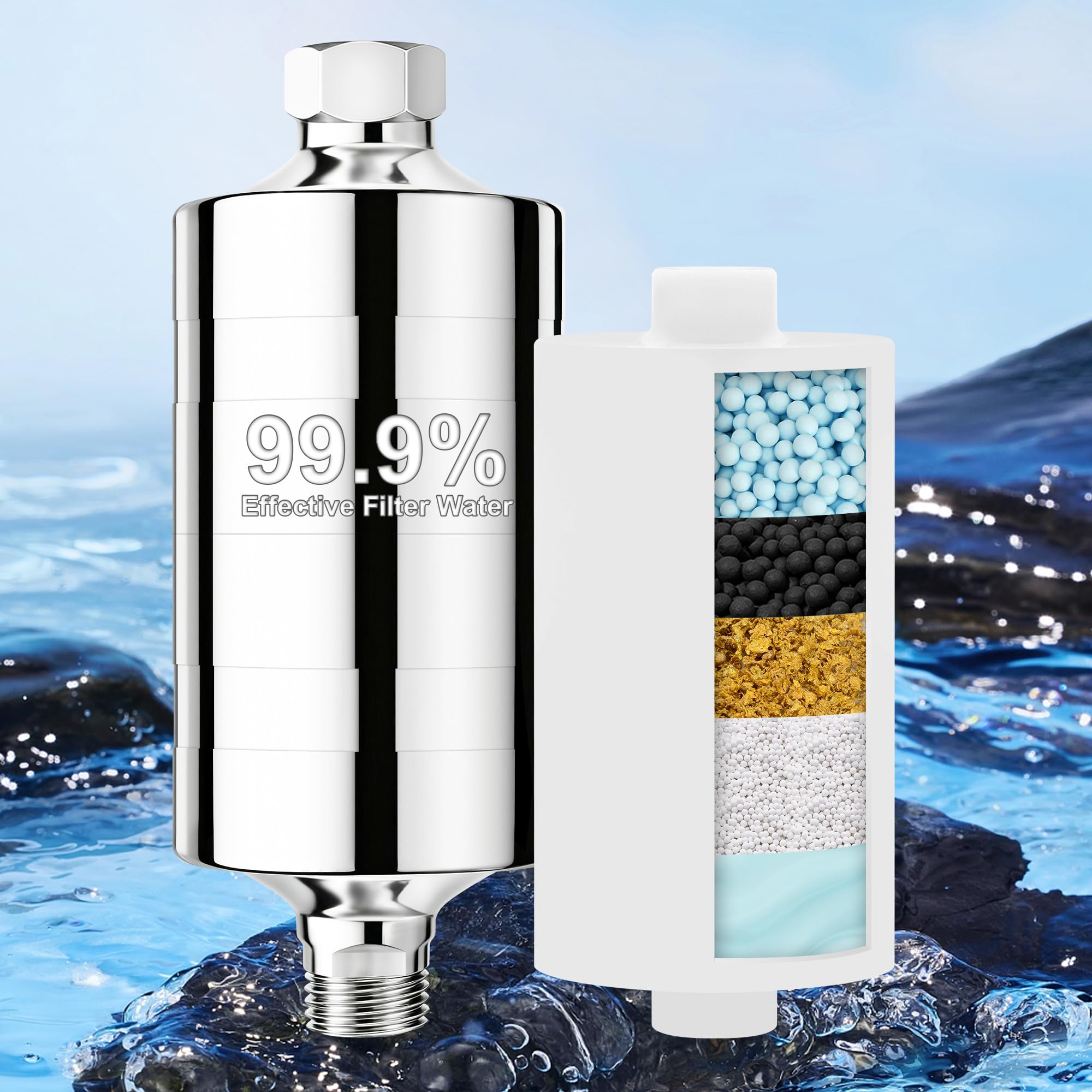 KMF00D Filtre de douche en métal inoxydable 304 avec parfum clair de brise marine, eau douce et propre, élimine 99 % du chlore, améliore votre peau, facile à installer, KMF00D Sea