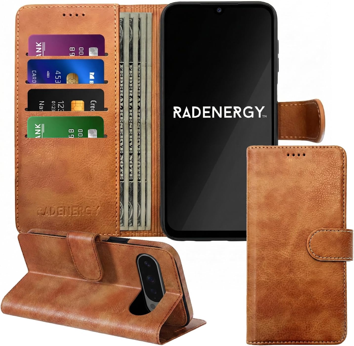 EMF Blocking Leather Phone Wallet Case for Google Pixel 9 Pro, 99% Anti-Radiation Protection, RFID, EMF Cell Phone Cover, Removable Case, Card Holder & Stand, for Men & Women, Brown