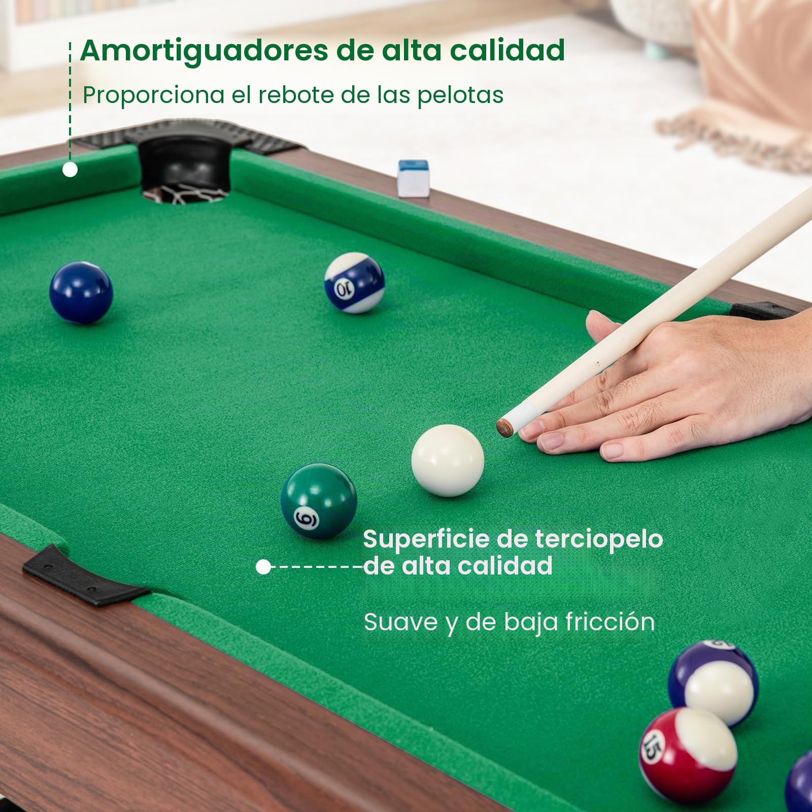 FANTASK Mesa de Billar de Madera con Accesorios, Mesa de Billar con 2 Tacos, 2 tizas y triángulo y Cepillo, Juego de Billar para niños y Adultos, 122 x 61 x 76 cm