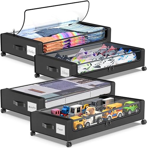 Almacenamiento debajo de la cama con ruedas, paquete de 4 contenedores de almacenamiento debajo de la cama con tapas y cremalleras transparentes,