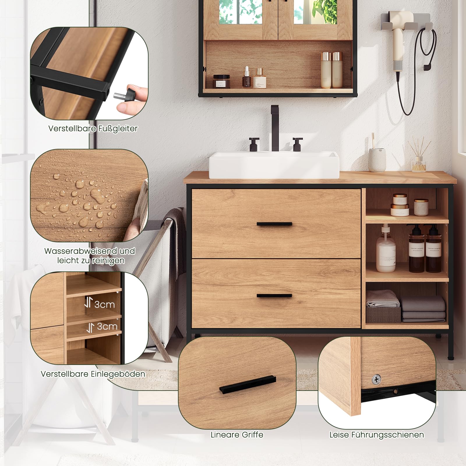 EUGAD Waschbeckenunterschrank, Badezimmerschrank mit Schubladen 3 offenen Fächern, Unterschrank mit verstellbaren Ablagen, freistehender Waschtischunterschrank, 90x60x30 cm