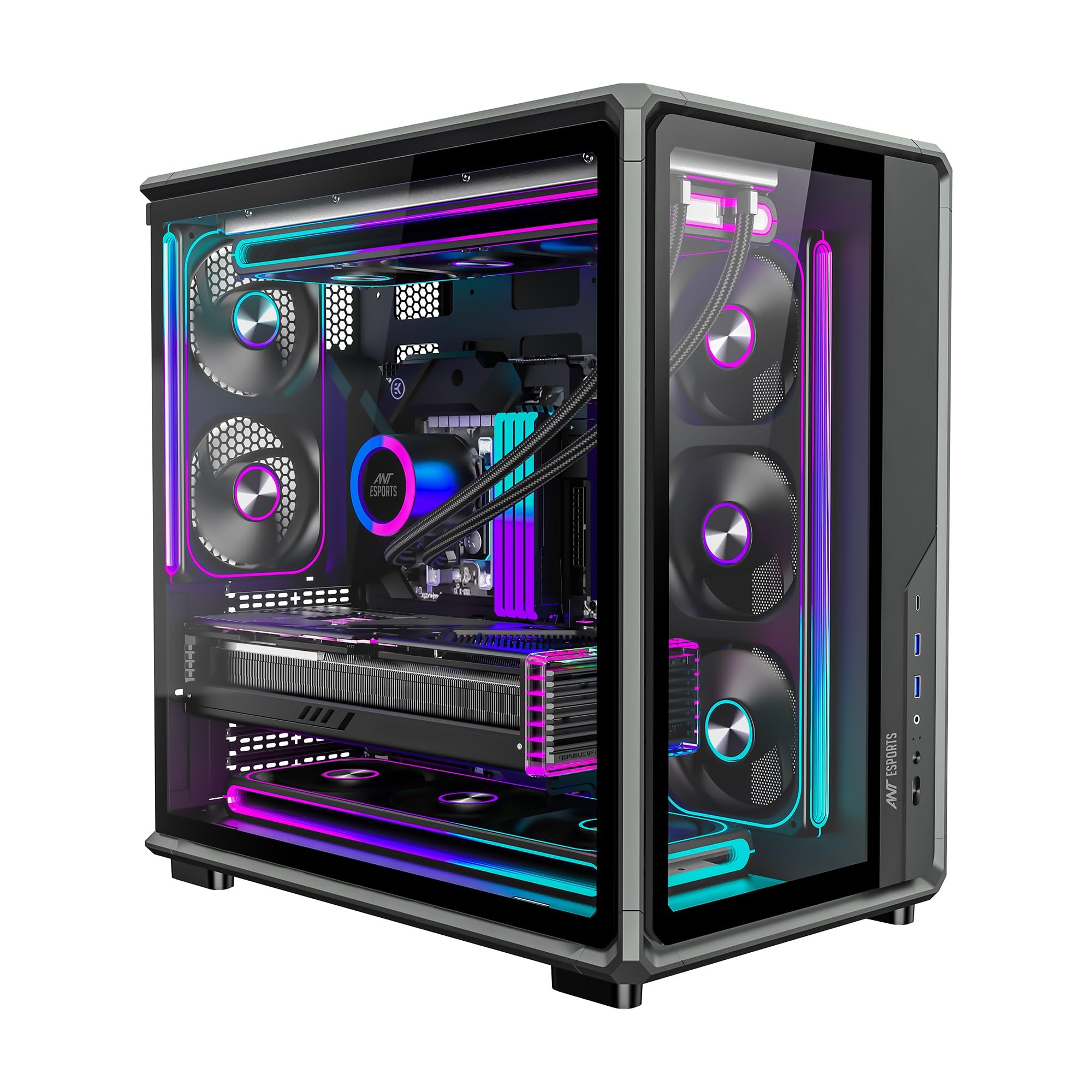 Ant Esports Crystal X8 Frame Gaming Cabinet | ATX Mid Tower | Dual Chamber Panoramic Tempered Glass | 8X 120mm Pre-Installed ARGB Fans (Mono Fan Frame) | Reverse Blade Intake | BTF Support | Black-image-6