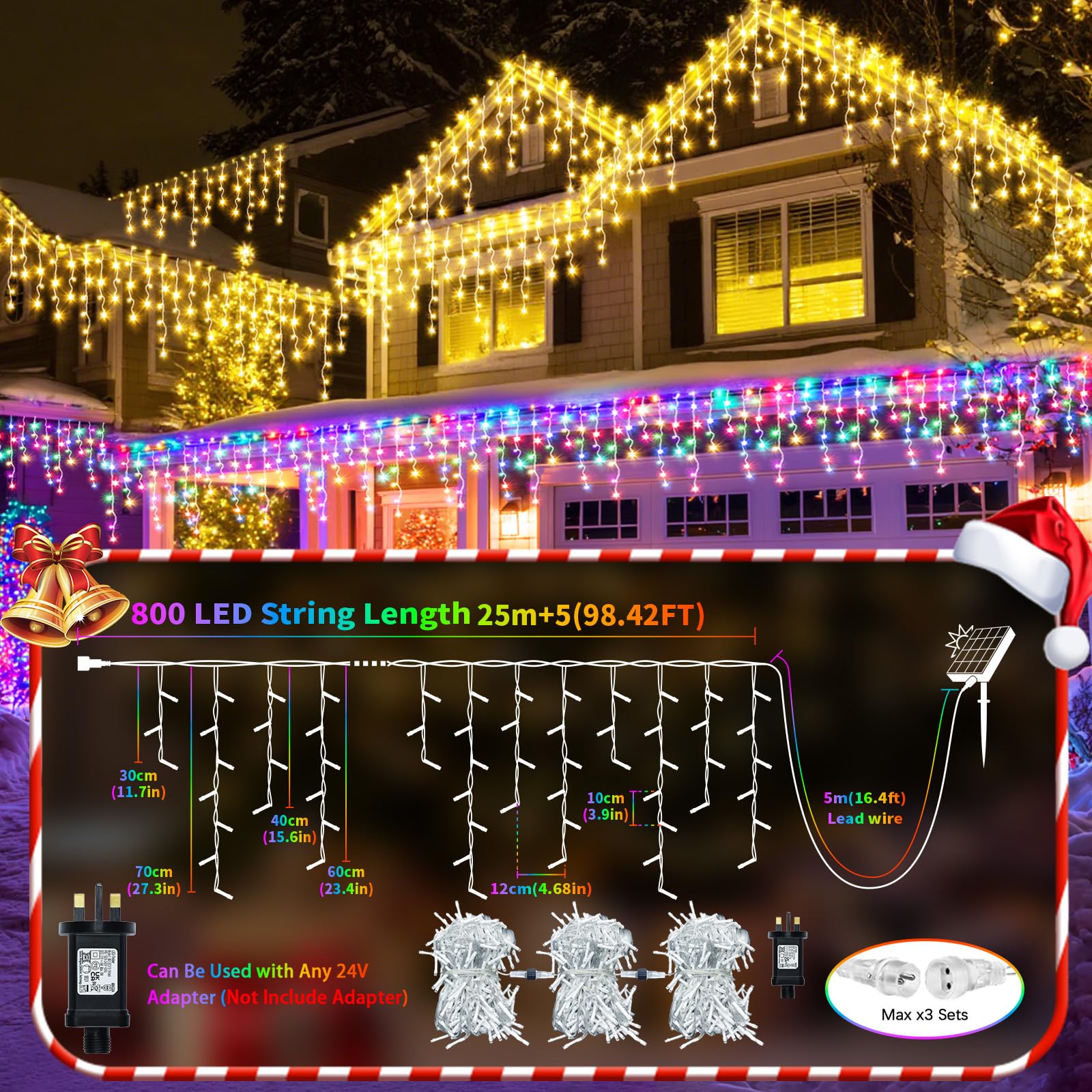 RJEDL 2500mAh Solar Luci di Natale da Esterno, 25+5M 800LED 3 In 1 Impermeabile LED Tenda Luci Natale Esterno, Con 8 Modalità & Timer e Memoria Luci di Natale da Esterno Colorate