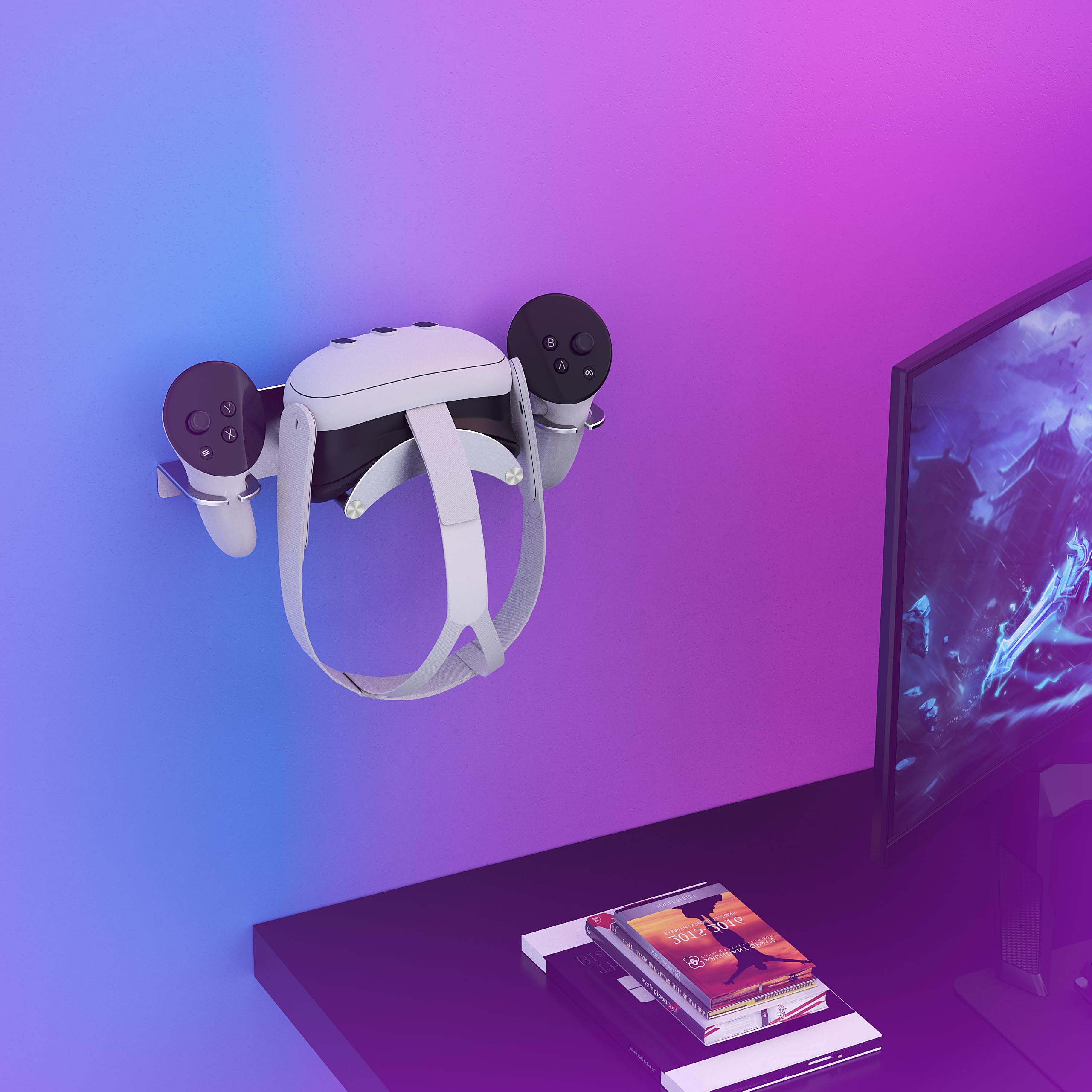 VR Wandhalterung Aufhänger kompatibel mit Meta Oculus Quest 3/2/Pro, Aluminium Vr Stand Haken für die meisten VR Headset & Controller, zwei Aufbewahrungsoptionen & platzsparender Quest 3 VR