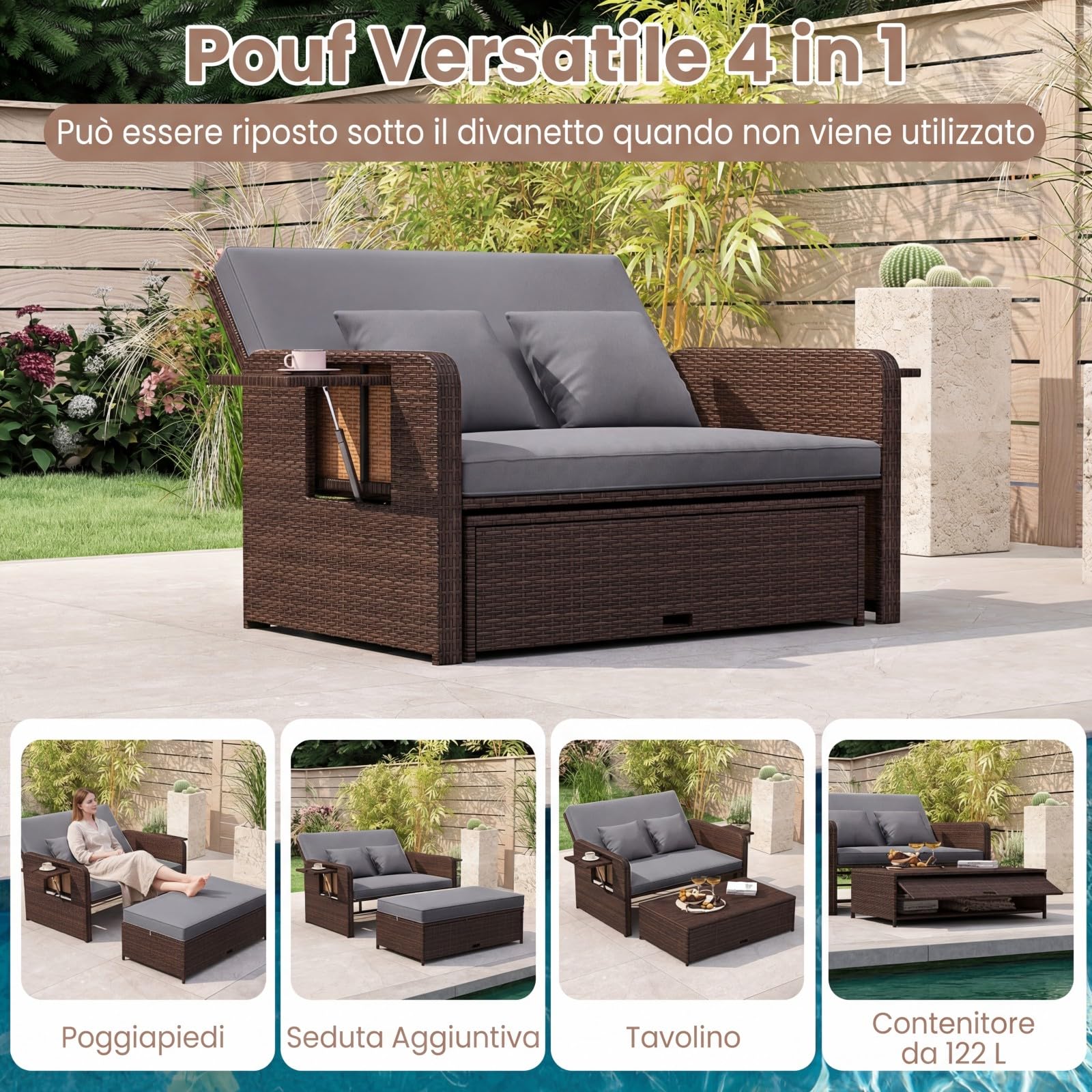 COSTWAY Lettino Prendisole da Giardino per 2 Persone, Divano con Panca Contenitore e Cuscino con Schienale Regolabile a 4 Livelli e Vassoi Laterali Estraibili per Balcone (Marrone screziato-Grigio)