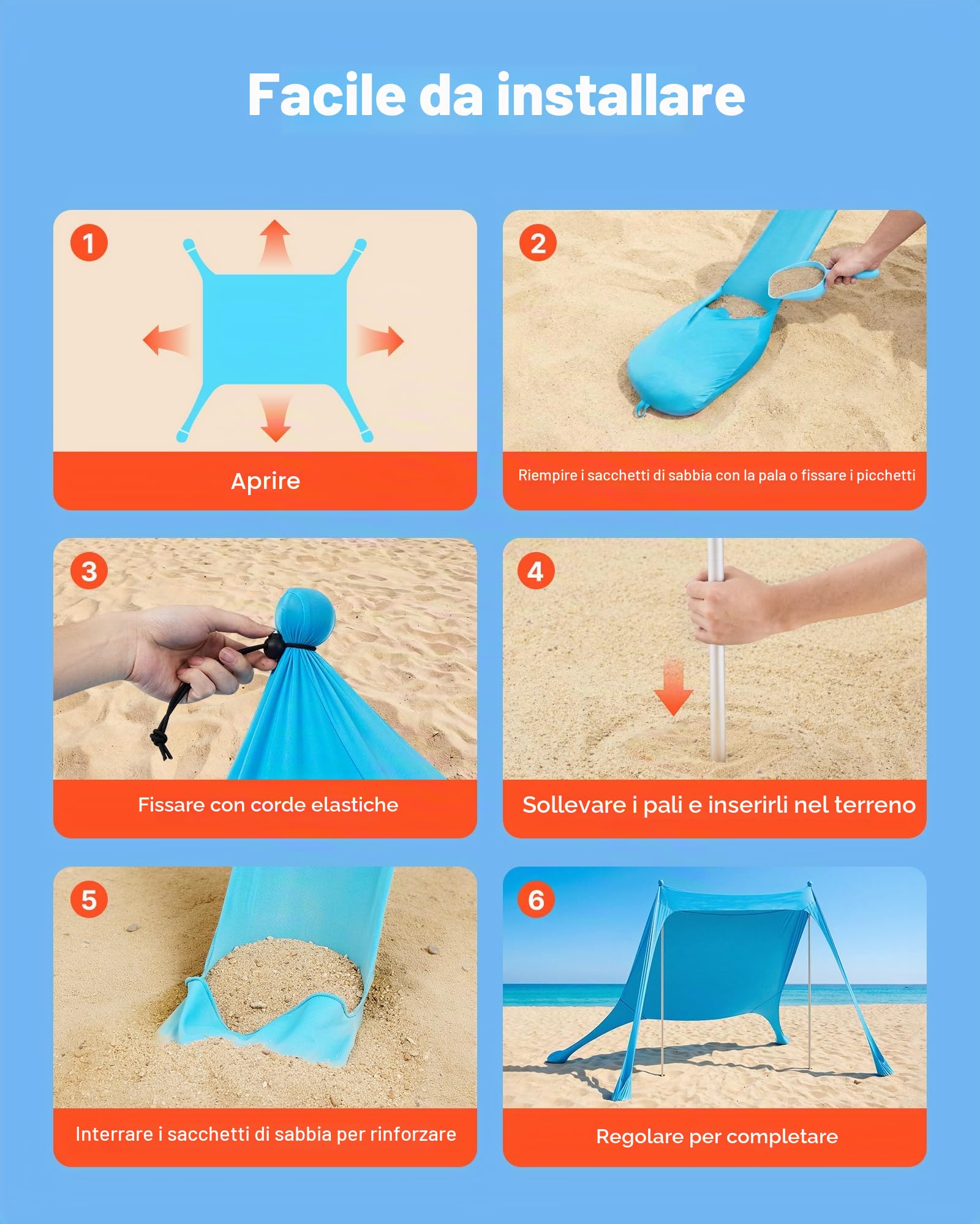 VEVOR Tenda Parasole da Spiaggia per Esterno Protezione Solare UPF50+ con Ancoraggio Dimensioni 3,4 x 3,4 x 2 m, Parasole da Spiaggia con Pali di Supporto Tenda Portatile per Campeggio Viaggio, Blu