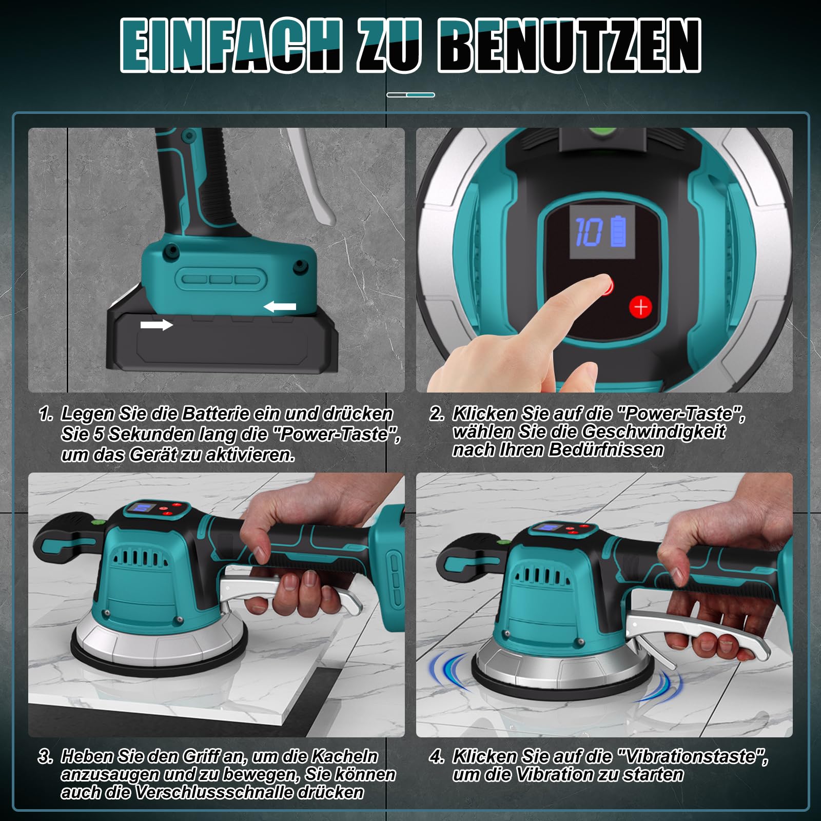Vibrador baldosas sin cable para Makita 18 V batería, Máquina Pared Azulejos con 6 velocidades, ventosa de 14,8cm y 160 kg de adsorción para colocar baldosas de 30-120cm (Baterías no incluidas)