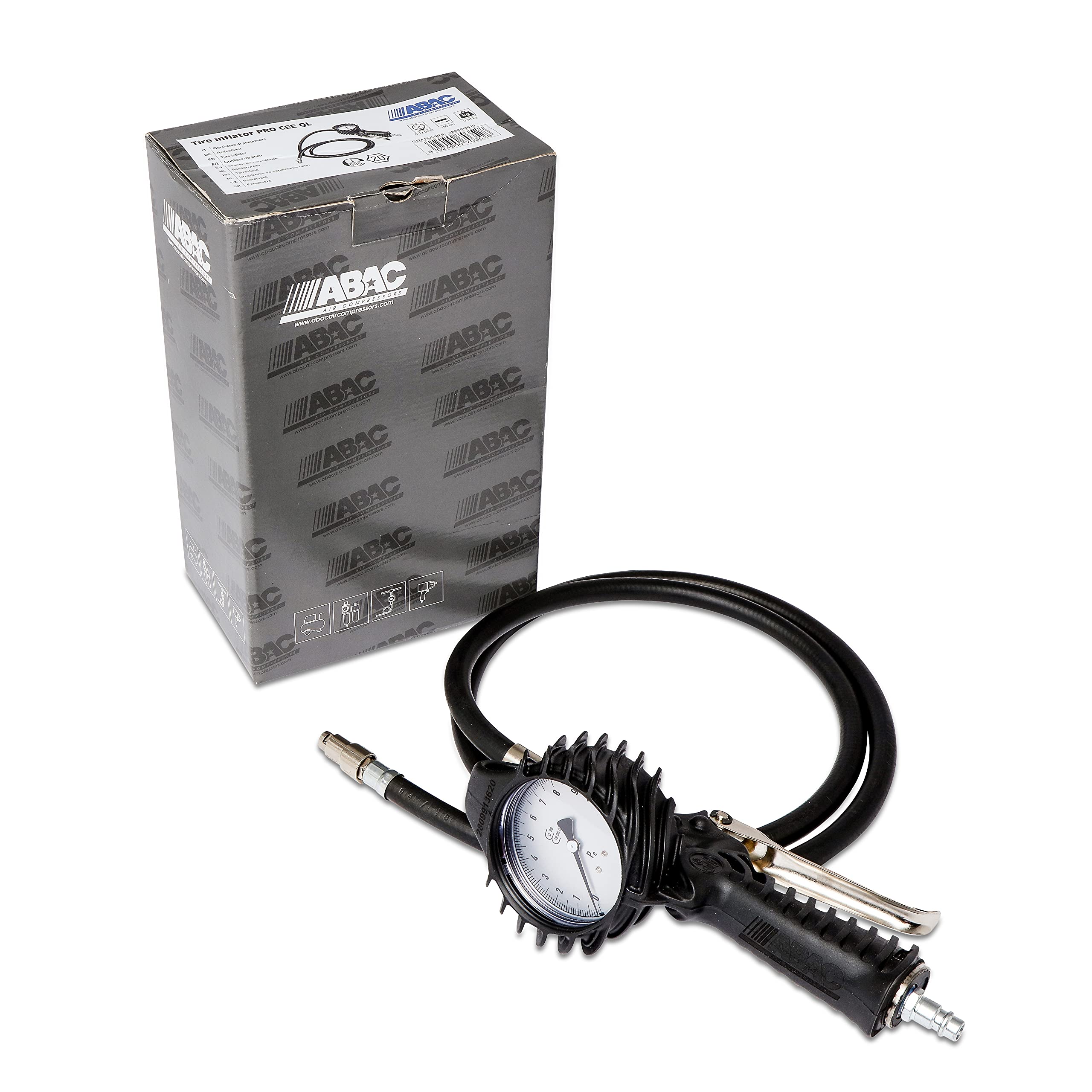 ABAC Gonfiagomme PRO - Approvato CEE - Manometro 80 mm - Tubo flessibile 1,5 m - Uso professionale (auto, camion) - Peso: 0,9 kg
