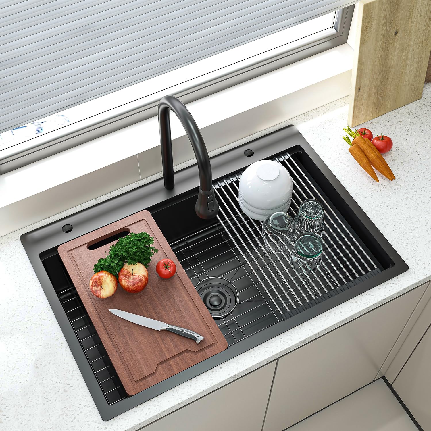 NINAS Undermount Kitchen Sink, Stainless Steel Workstation Sink with Single Track, Single Bowl Drop in Sink with Multiple Accessories (Black Kitchen Sink with Grid, 30"D x 22"W x 9"H)