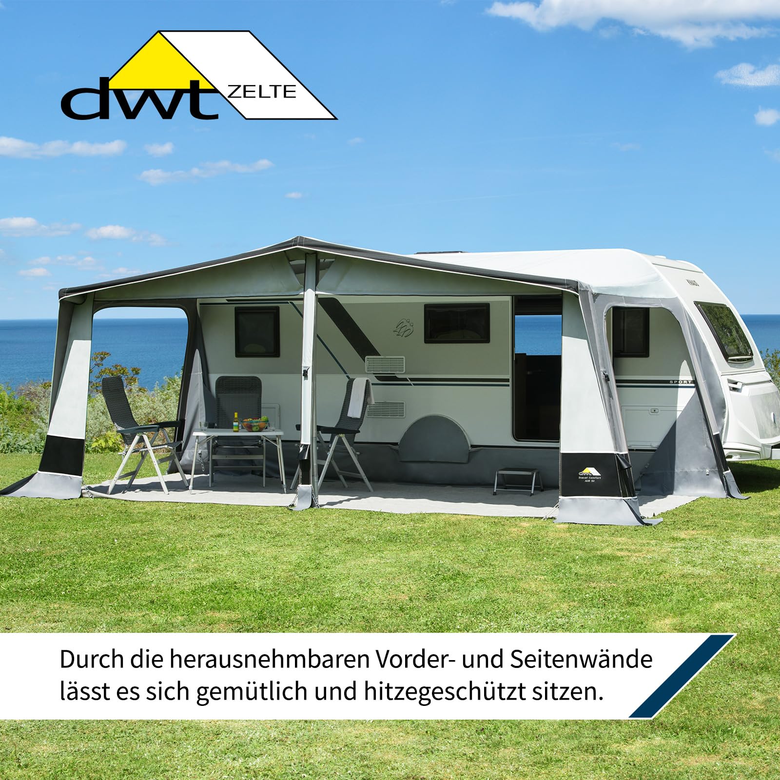 DWT aufblasbares Vorzelt für Wohnwagen - Travel Comfort Air - herausnehmbare Vorder- und Seitenwände - Ganzzelt 240 cm Tiefe - Air-In-System