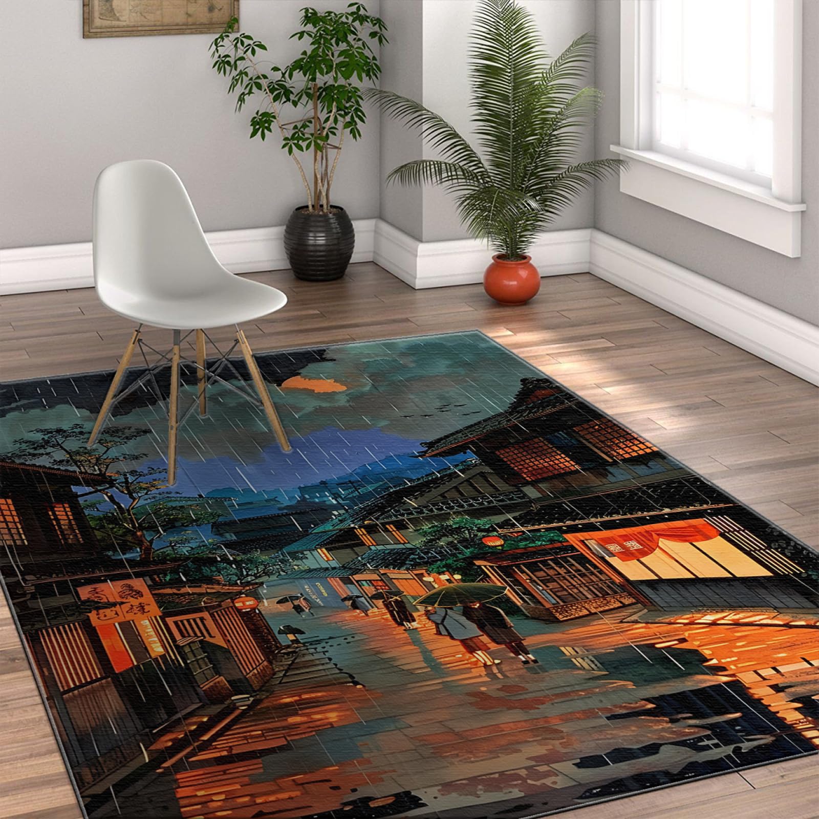 Conception esthétique Tapis antidérapants Doux 60x90cm - bâtiments de Style Japonais sur Le Paysage de Rue de Jour de Pluie Tapis Mince à Poils Ras pour Le Bureau