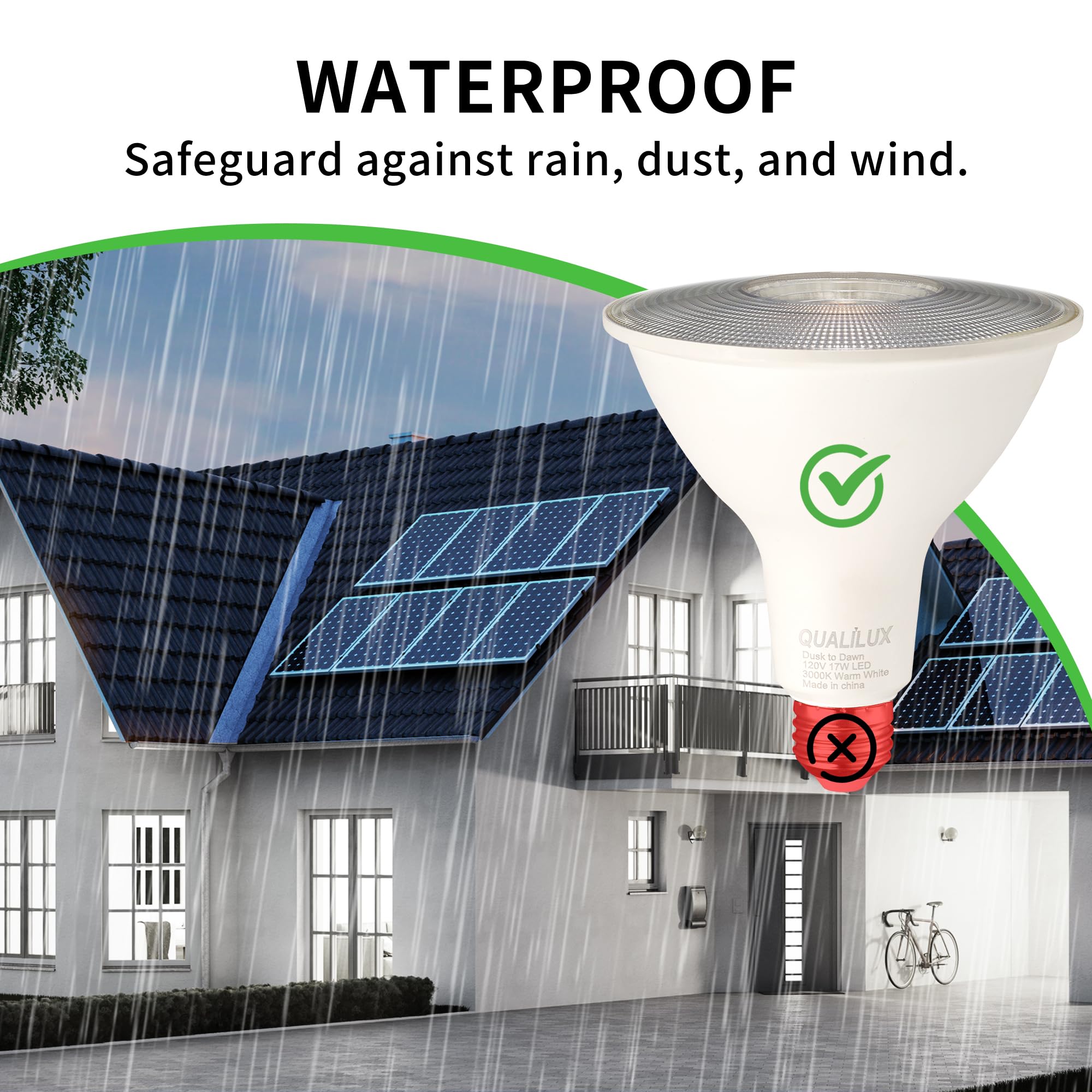 Qualilux PAR38 - Bombillas LED de inundación del atardecer al amanecer, luz blanca diurna 5000 K, equivalente a 150 W 17 W, 1700 lm, foco de luz de encendido/apagado automático para exteriores