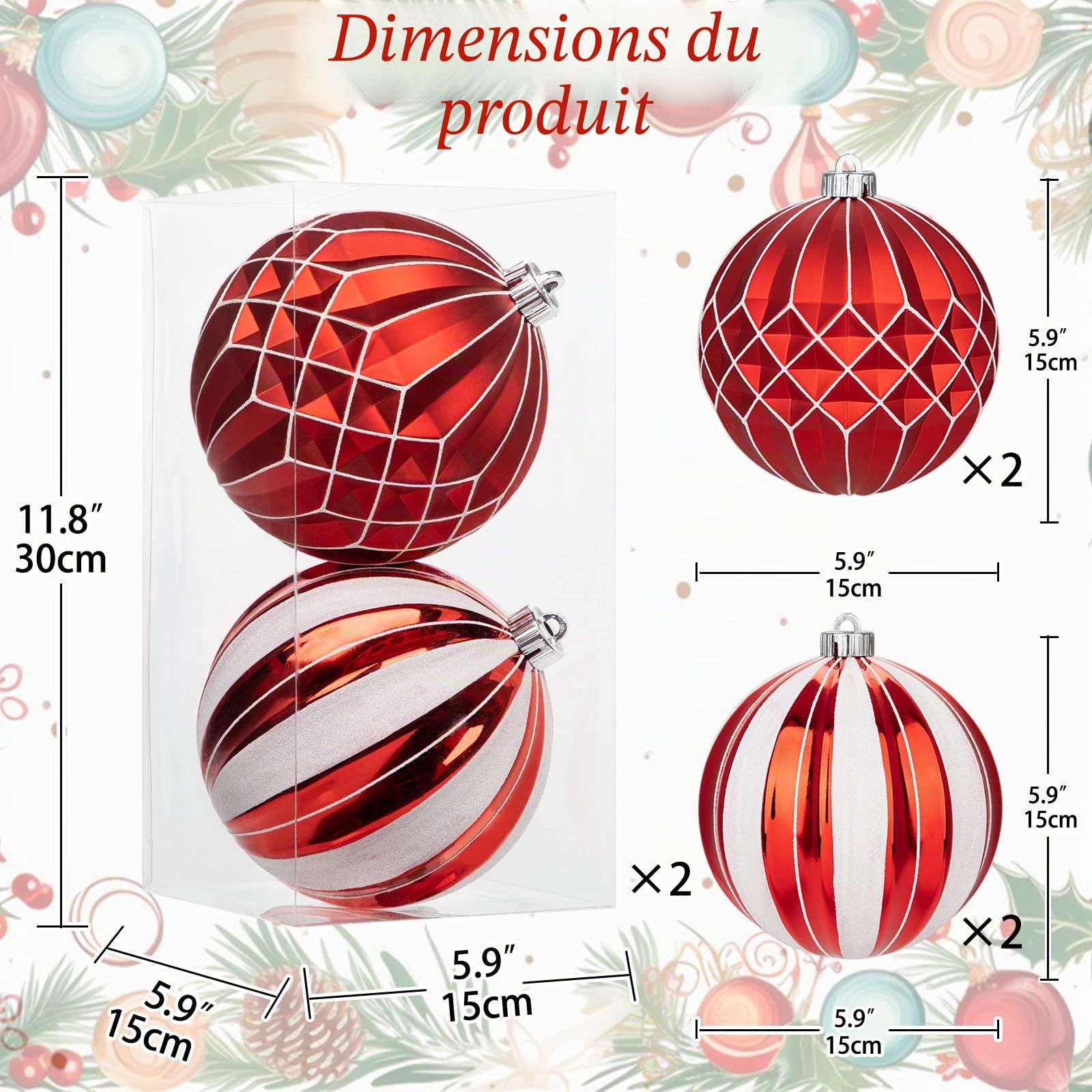 Lot de 2 boules de Noël de 15 cm de diamètre - Grandes boules de Noël - Décoration d'arbre de Noël - Boules de Noël pour sapin de Noël - Blanc et rouge