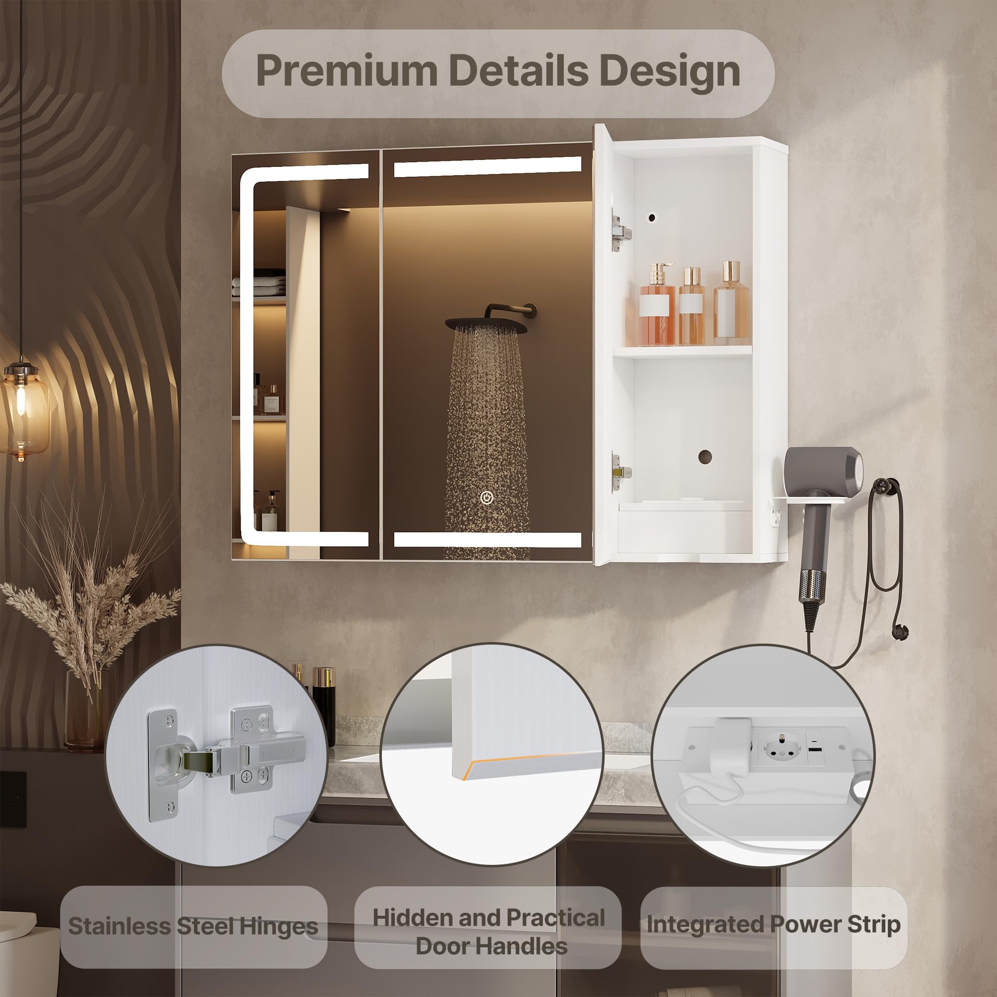 Xbro Armadietto Bagno con Specchio e Luce LED Regolabile, Mobile Bagno con Presa e Ripiano Laterale, Specchio Bagno Contenitore Sospeso per Spazi Compatti 80x16x60 cm