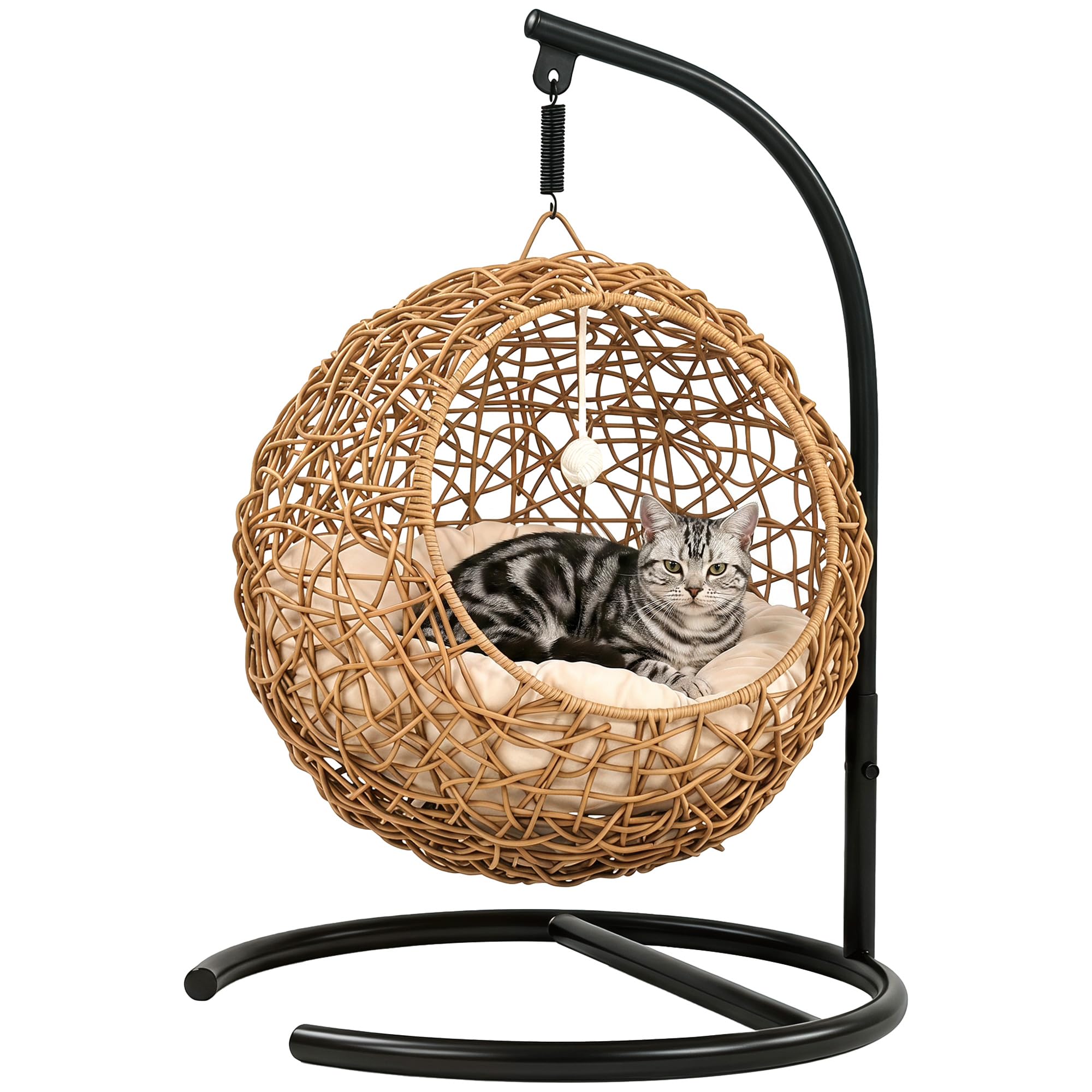 PawHut Cama para gatos de ratán con cojín lavable y pelota de juego, cesta colgante con estructura, casa para gatos de hasta 10 kg, 45 x 41 x 75 cm, marrón claro