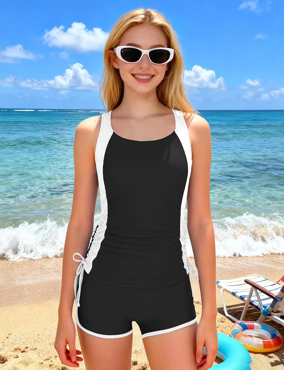 NAPU Girls Swimsuit Two Piece Tankini Swimsuits with Boyshort Ruched Bathing Suit Color Block Teen Girls' Swimwear Size 9-16Y - Image 2