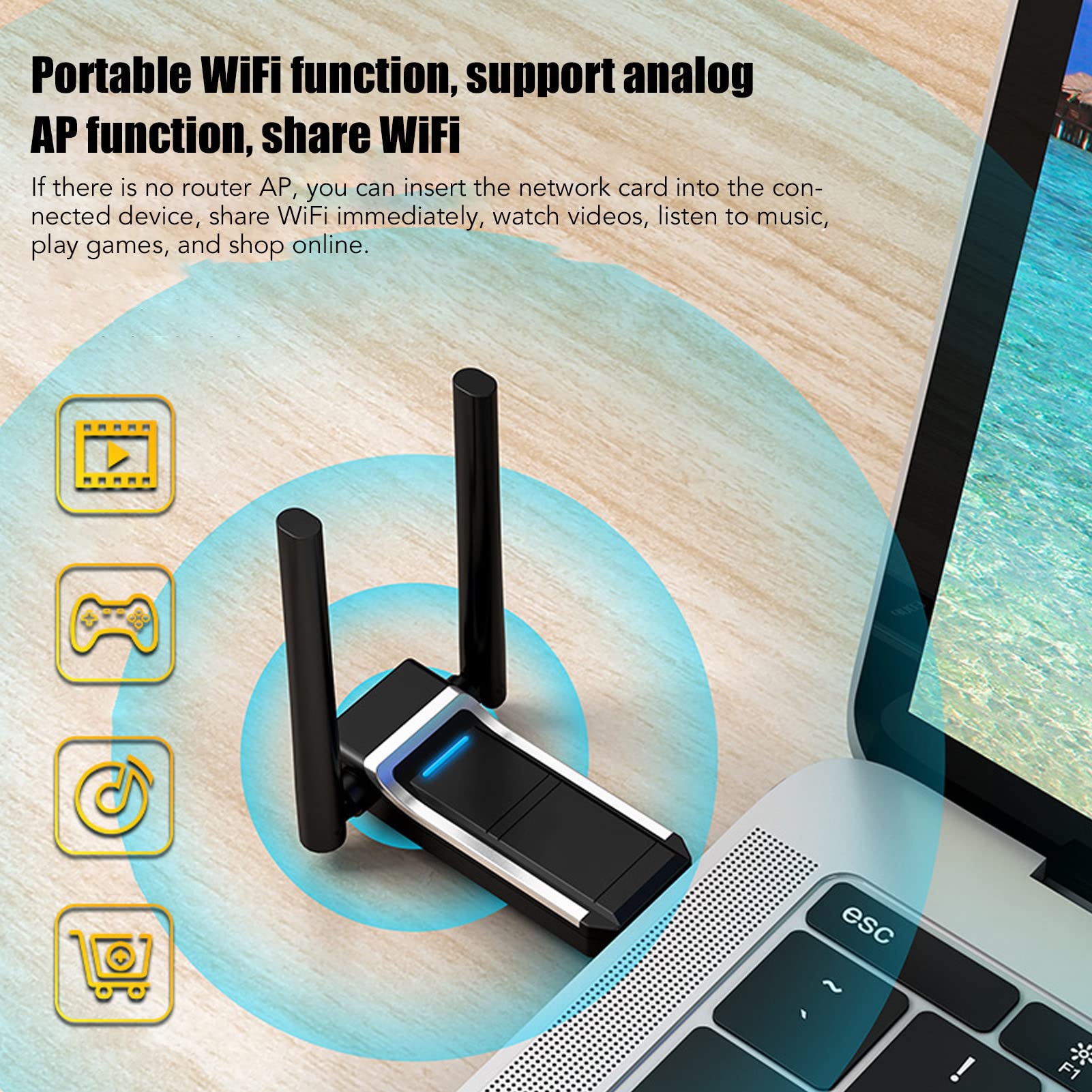 Bezprzewodowy adapter 6, technologia Mu MMo, analogowa funkcja Ap do udostępniania WIFI, technologia dwuzakresowa 11AC, 574 MB/s 2,4 Ghz 1201 MB/s 5 GHz, WIFI 6 USB3.0, Plug and Play for Win