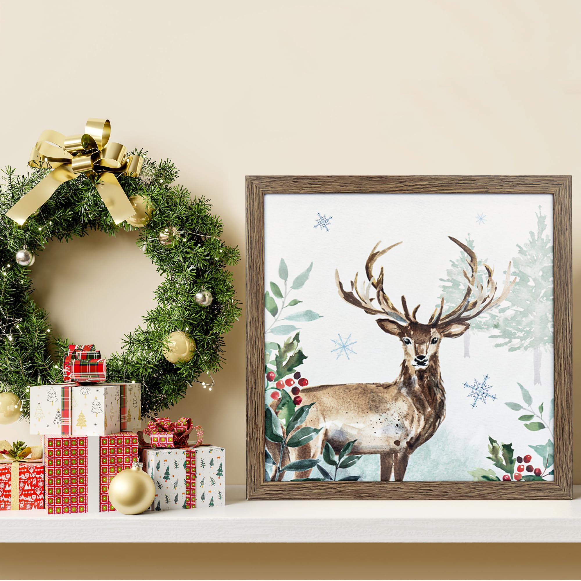 ArtbyHannah Christmas Wall Art, Framed Wall Art with Winter Christmas Decorative Prints, 4 Pieces 10x10 Inch Christmas Wall Art Set for Living Room, Bedroom as Xmas Decorations or Gifts