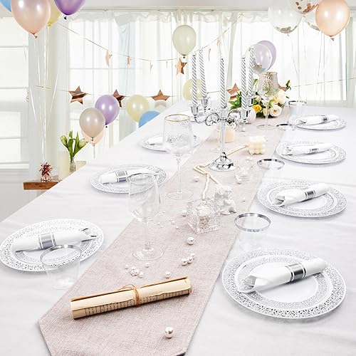 Miniatura 7 de DaYammi Juego de vajilla de plástico plateado de 210 piezas, platos desechables de lujo, incluye 30 platos llanos, 30 platos de ensalada, 30 tazas