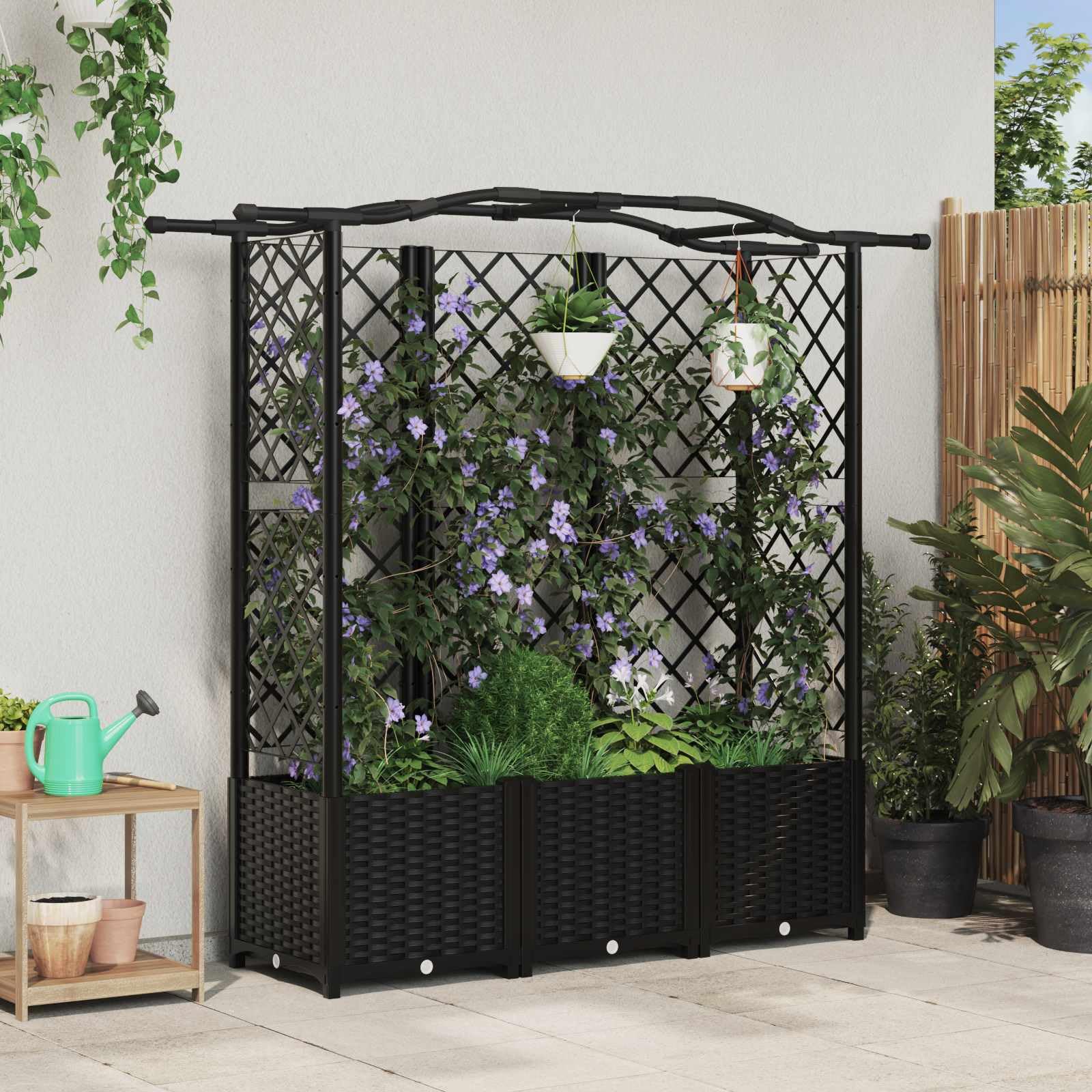 Jardinera elevada con enrejado y techo negro 163 x 40 x 141 cm PP resistente a la intemperie exterior para balcón terraza con almacenamiento de agua, resistente a las heladas y decorativo