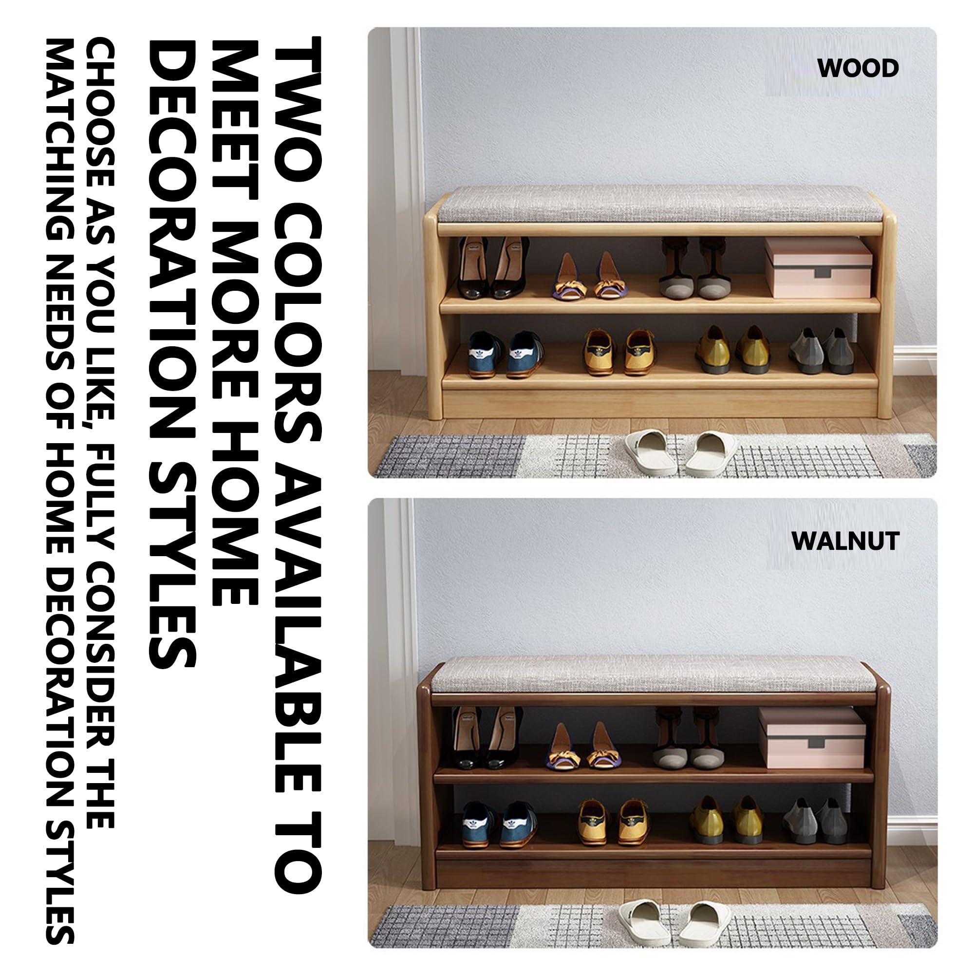 Zapatero otomano con Almacenamiento, Banco de Entrada, Estructura de Madera Maciza, cojín de Alta Resistencia, Estante para Exterior, 2 Opciones de Color (Madera, cojín, 103 cm)