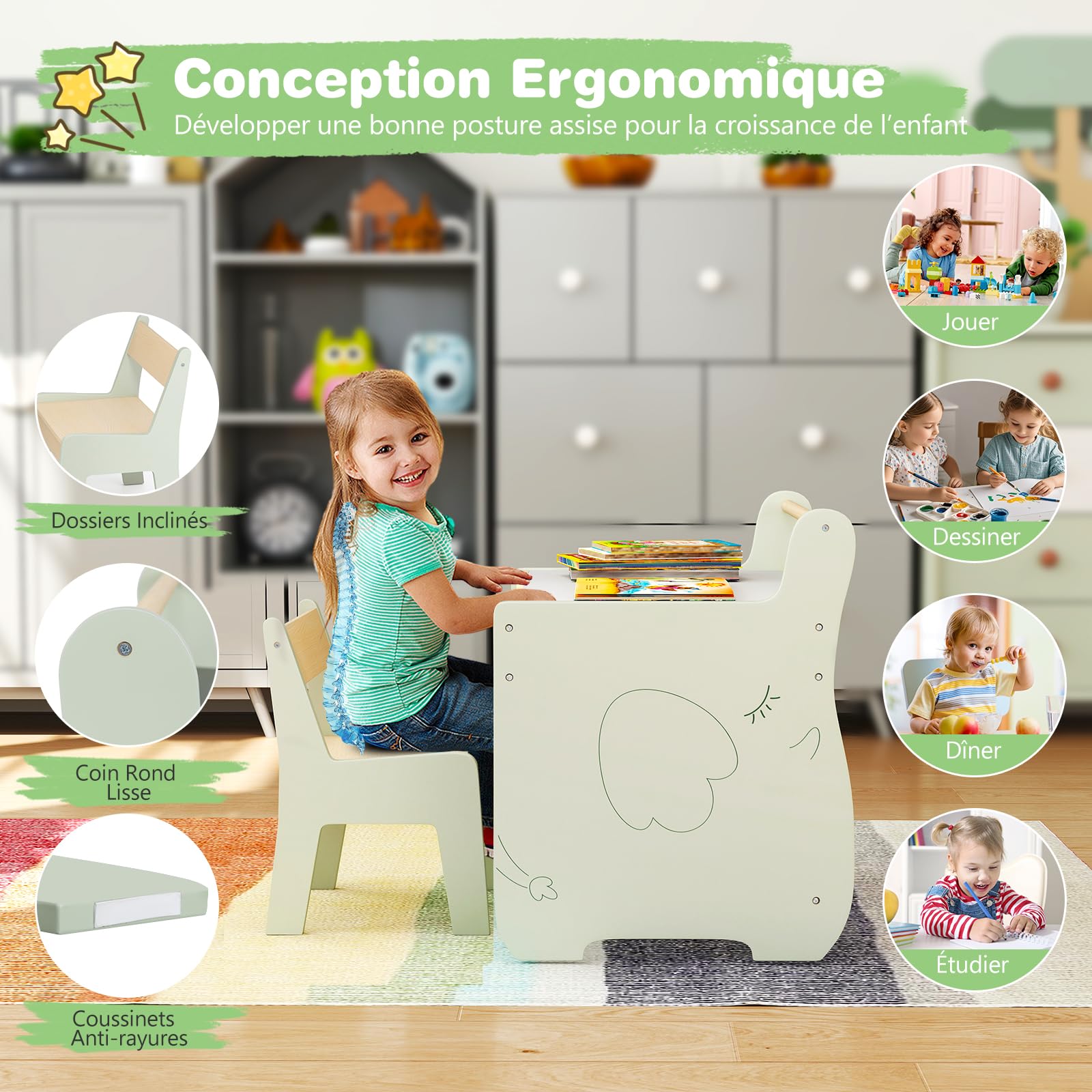 GOPLUS Table Enfant avec Chaise, 3 en 1 Bureau Enfant en Bois avec Rangement, Tableau Reversible Blanc/Noir, Porte-Rouleau de Papier, Petite Table d'Activités pour Dessiner Manger Etudier (Vert)