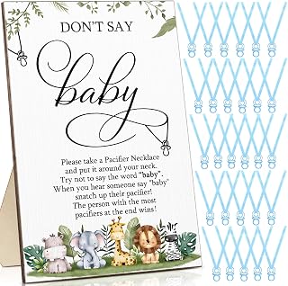 51 Pcs Don't Say Baby Game Sign Cool Baby Shower Game 50 Baby Shower Pacifier Necklace Wooden Don't Say Baby Sign Plastic Baby Pacifier Party Favor for Gender Reveal (Blue, Animal)