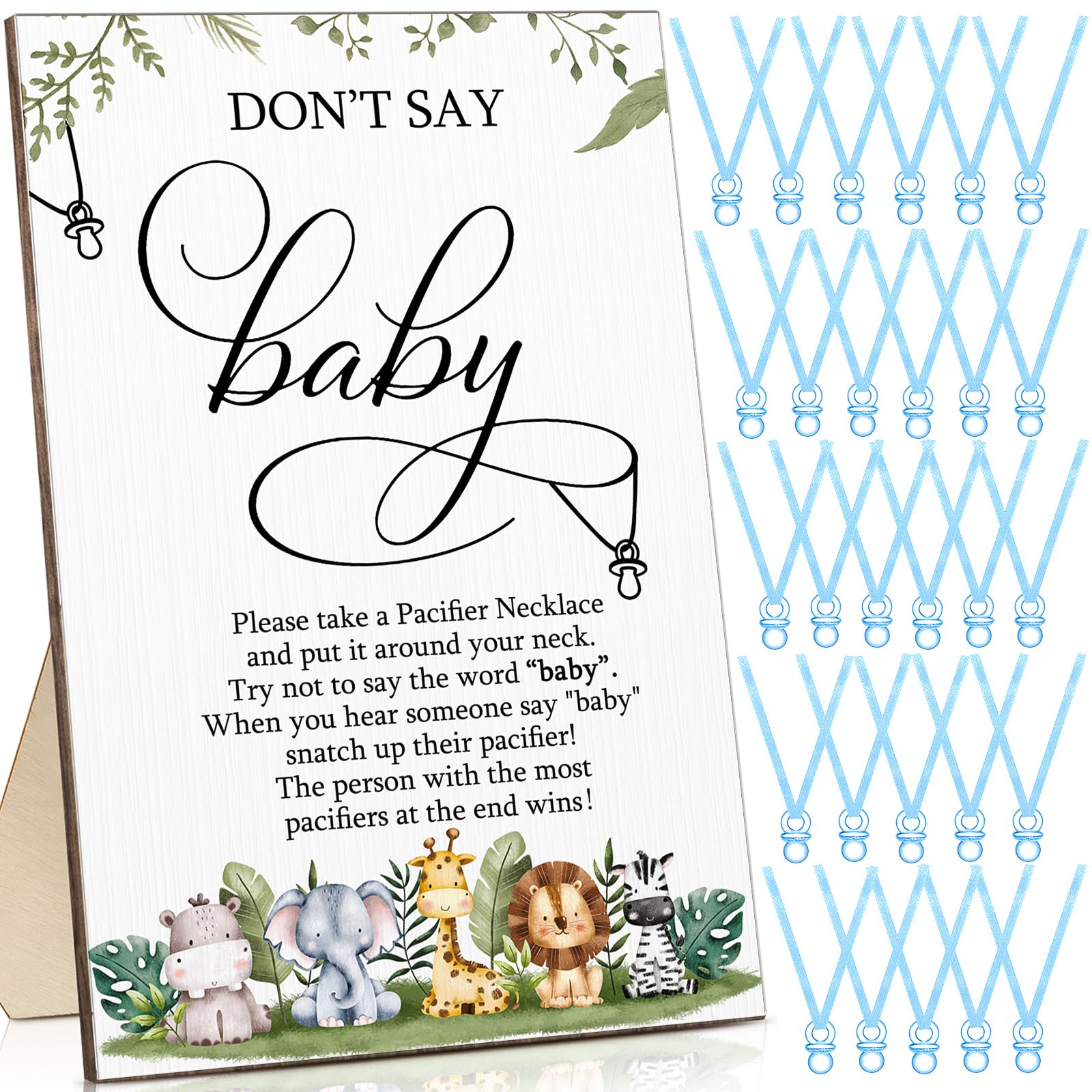 Geetery 51 Pcs Don't Say Baby Game Sign Cool Baby Shower Game 50 Pacifier Necklace Wooden Don't Say Sign Plastic Pacifier Party Favor for Gender
