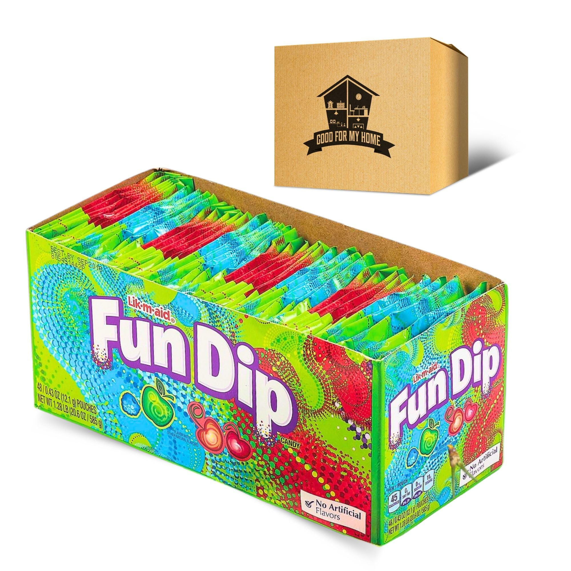 Fruity Fun Dip Candy Bundle. Includes 48 Pack Lik-M-Aid Fun Dip - Cherry Yum Diddly Dip & Blue Razz Magic Dip Flavors, Includes GFMH Box, Bulk Case - Ideal for Parties, Celebrations, and Fun Snacking.