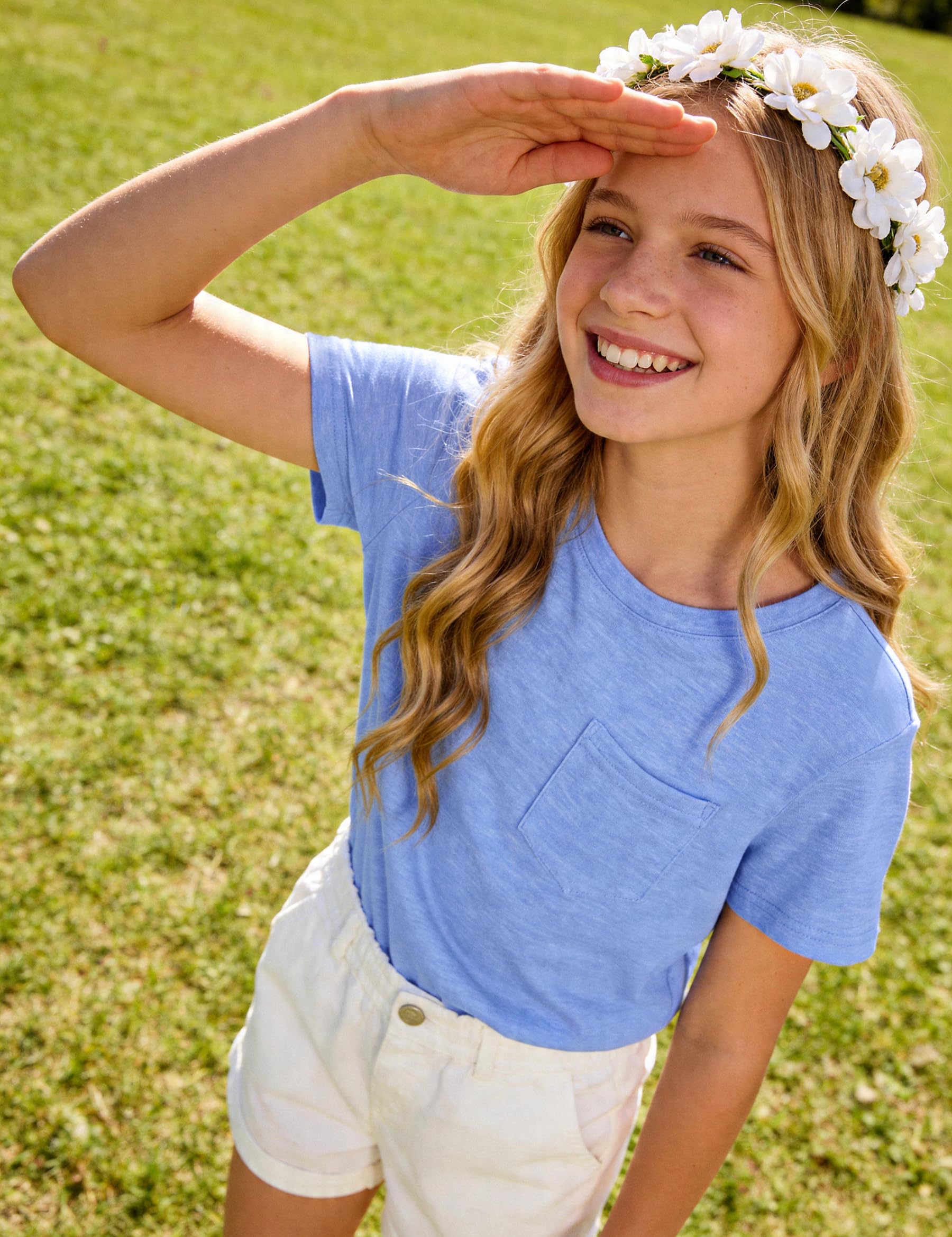 Camiseta de verano para niña, manga corta, básica, cuello redondo, color liso, con bolsillos, camiseta para niñas de 6 a 15 años