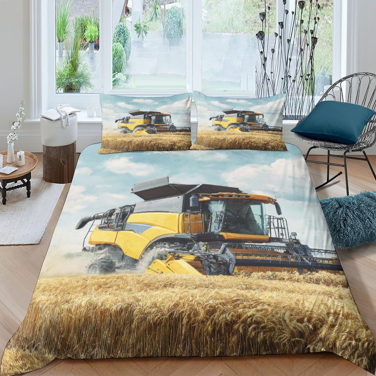 Ctjqhvkz Style-9 3D Printed Yellow Harvester Fitted Sheet Microfiber Soft Wheat Field Bed Cover For Bedroom Dorm Mattress Protection Decor Single（135X200cm）