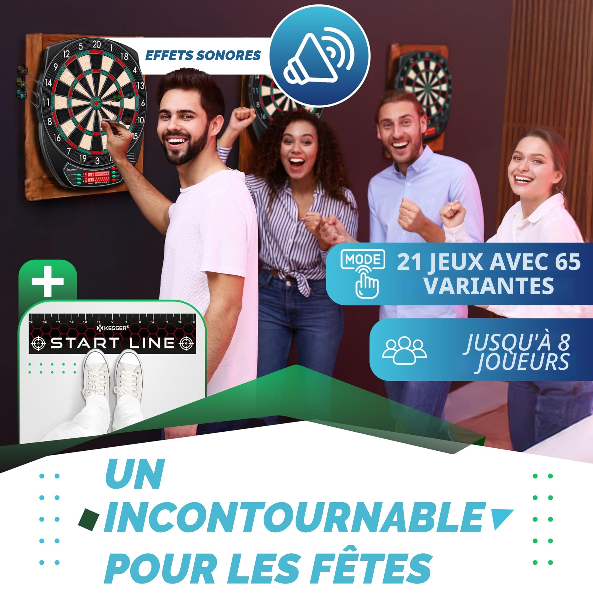 KESSER® Cible de fléchettes électronique professionnelle – Cible de fléchettes E avec 15 fléchettes + 35 ailettes Pro 100 pointes + accessoires pour 1 à 8 joueurs