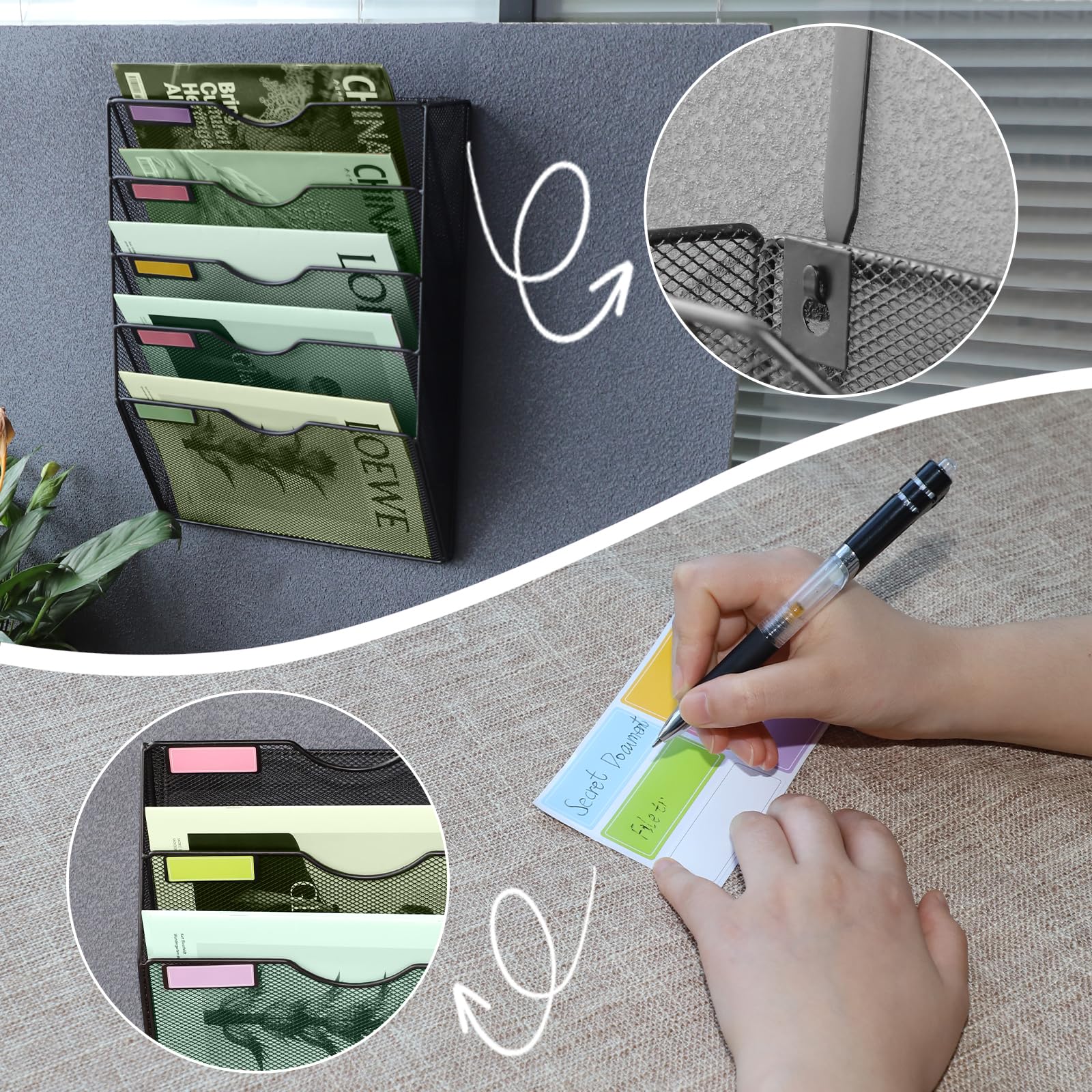 Porte Documents Mural, 5 Niveaux Porte-revues mural, corbeilles à courrier Fixation murale maille métallique durable, Noir